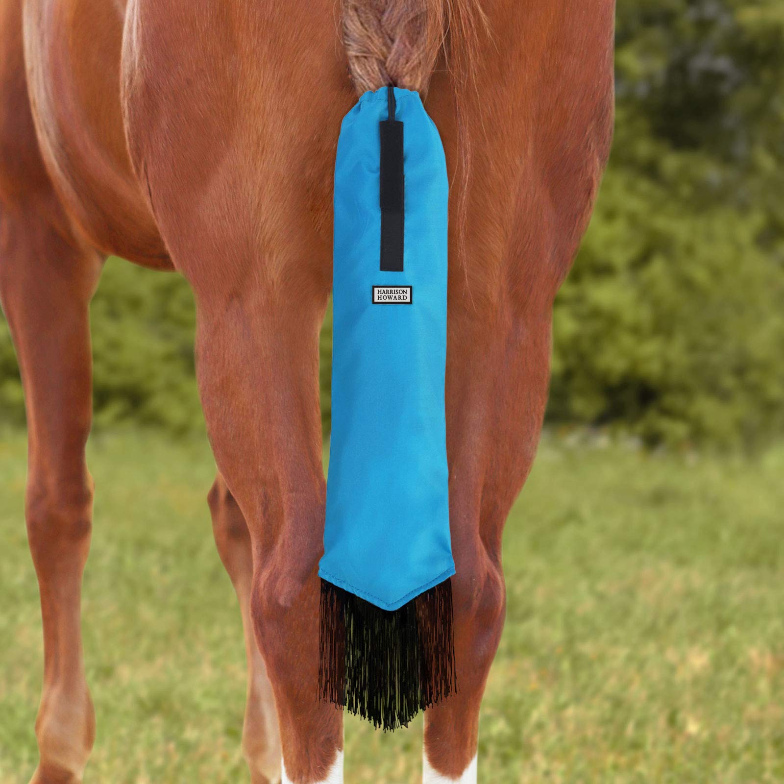 Harrison Howard Smooth Lightweight Adjustable Fastener Nylon Horse Tail Bag With Fringe-Azure Blue