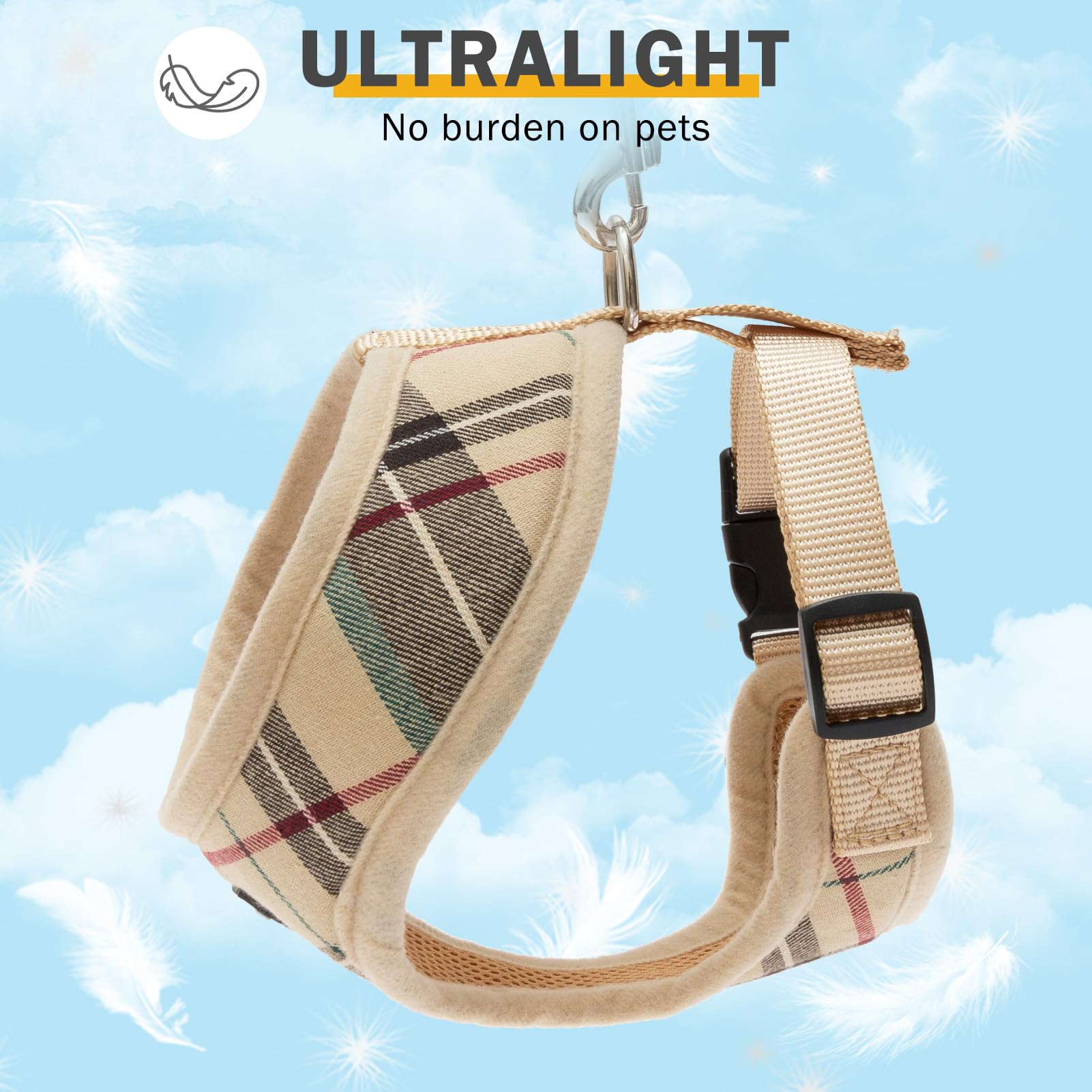 Scenereal Puppy Dog Harness With Leash Set For Small Medium Sized Dogs, Soft Mesh Step In Pet Harnesses And Leash, No Chock Plaid Adjustible No Pull Vest For Dogs Cats, Chihuahua,Bulldog (Beige M)