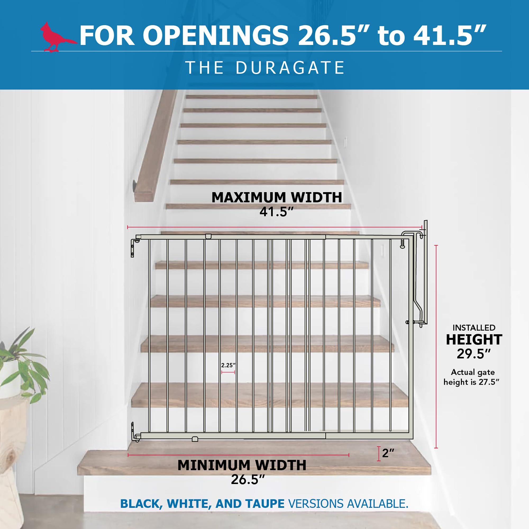 Cardinal Gates MG25 Duragate Baby Gate - Adjustable Dog Gate - Steel Safety Gate for Kids & Pets - 26.5 to 41.5 Inches Wide - Ta