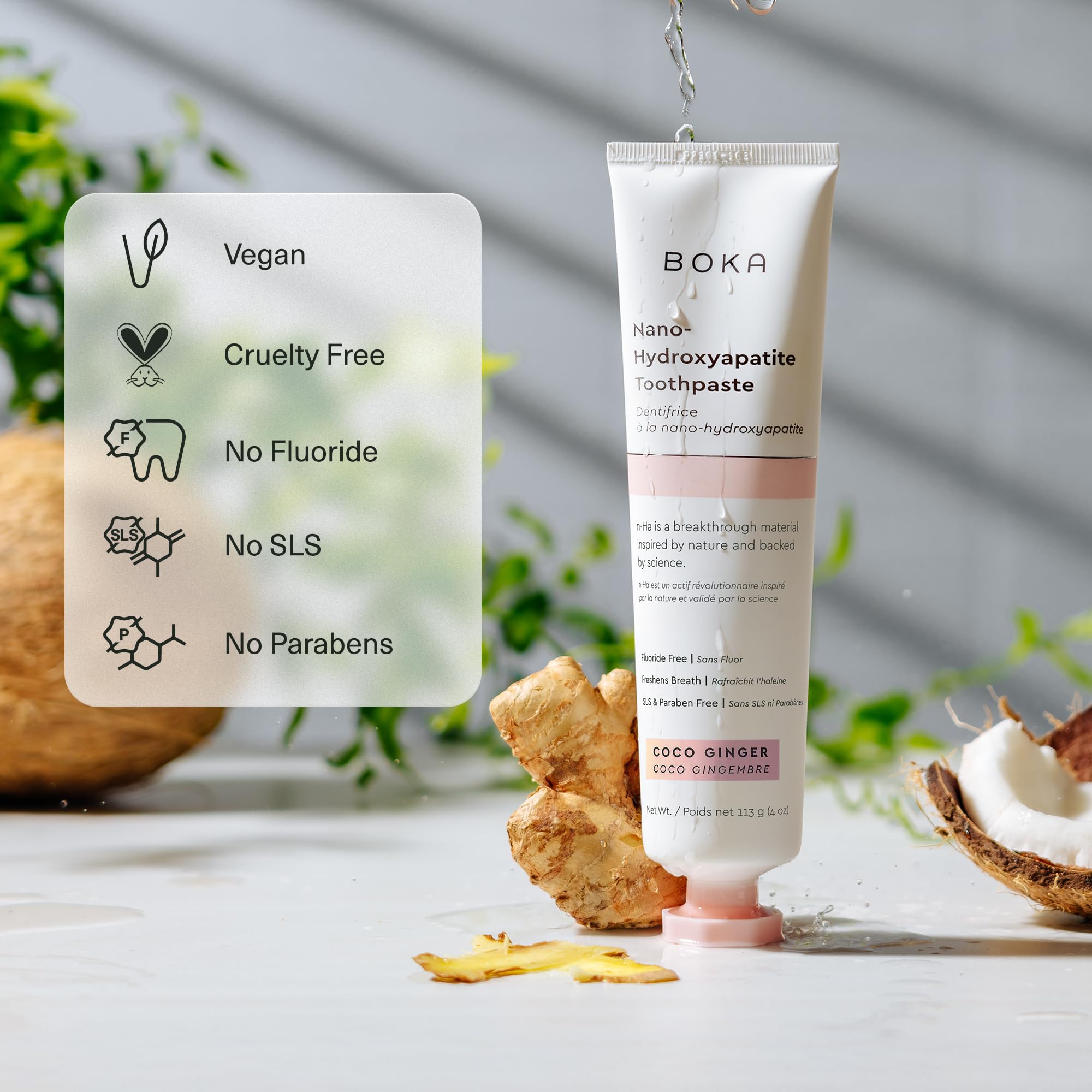 Boka Natural Toothpaste, Fluoride Free - Coco Ginger, 4Oz, Pack Of 1 - Made In Usa - Remineralizing, Sensitive Teeth,  Whitening