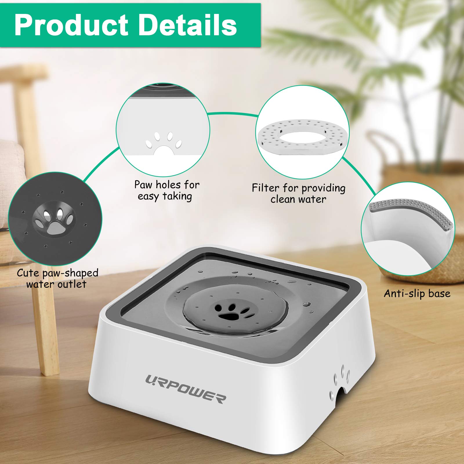 URPOWER 2.5L Grey Dog Water Bowl - No Spill Pet Water Dispenser for Dogs, Cats & Pets, Travel-Friendly Slow Feeder, 85oz Capacity