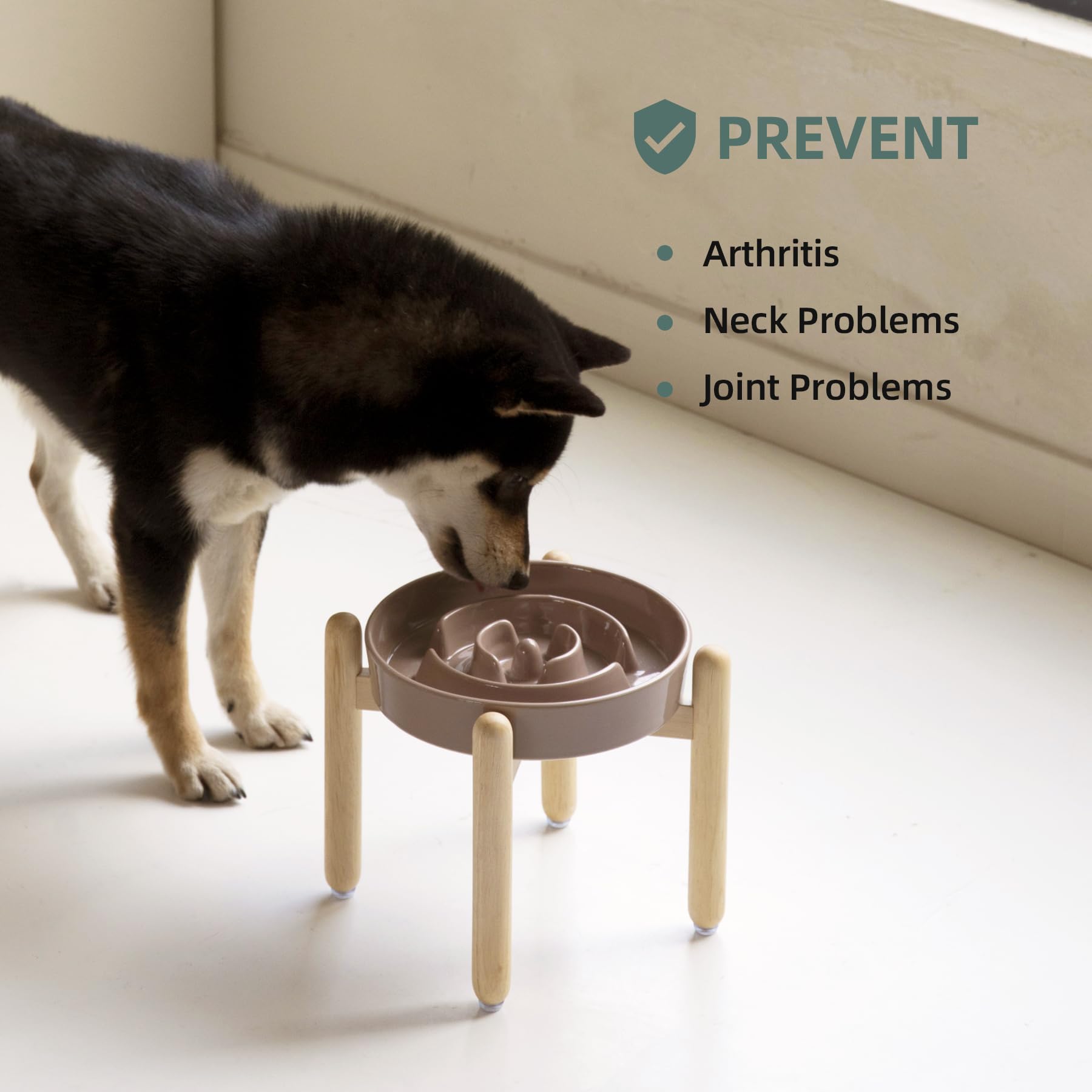 Havniva 8.2Inch Ceramic Raised Slow Feeder Dog Bowl Set, Elevated Wooden Stand For Large And Medium Dog, Puzzle Slow Dish, Preve