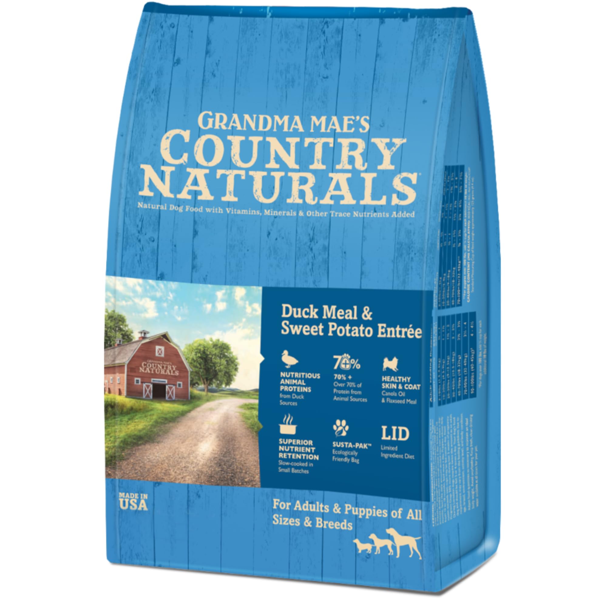 Grandma Maes Country Naturals Dry Dog Food, Duck, Sweet Potato & Brown Rice, Slow Cooked & Nutrient Dense, Made in USA, 25 LB Ba