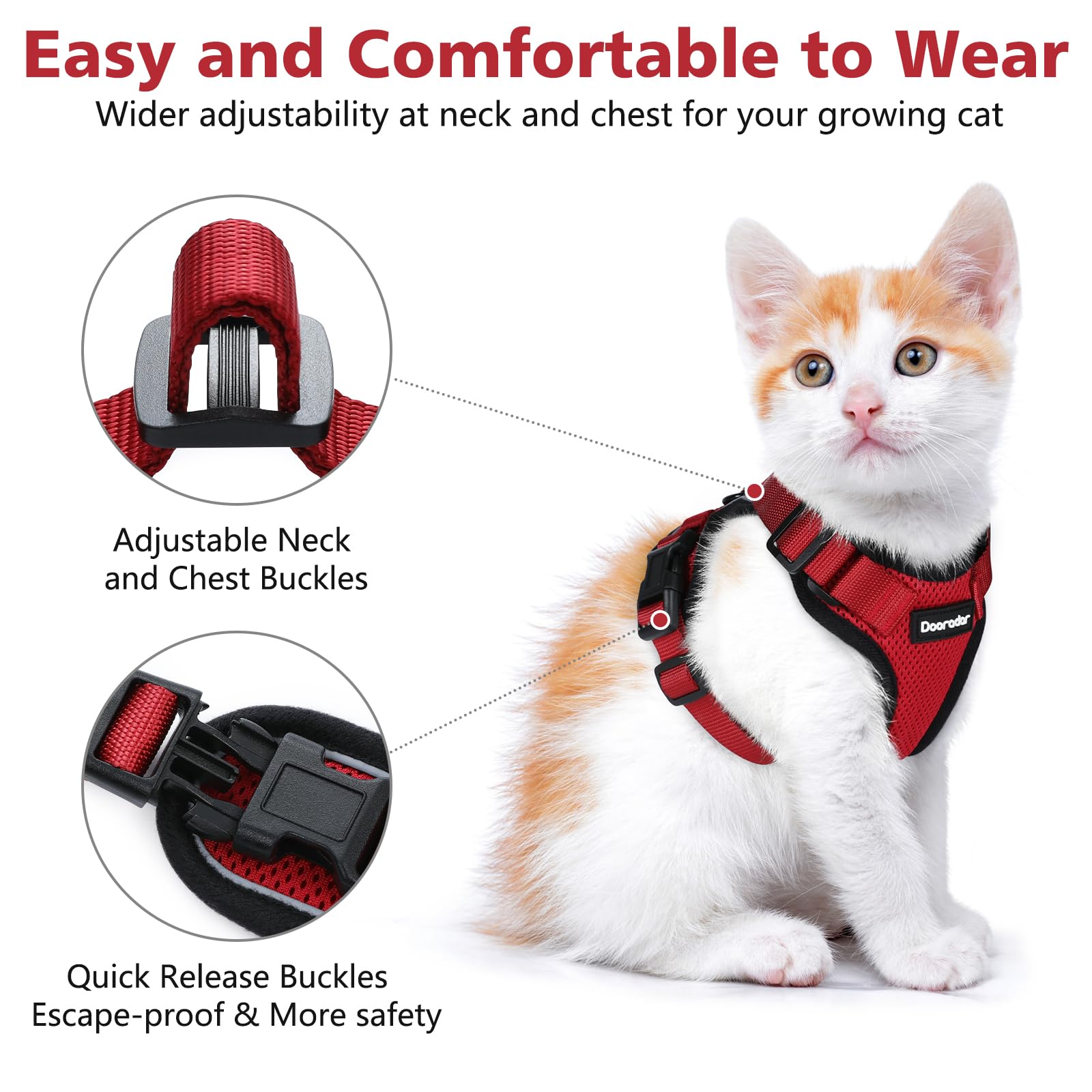 Dooradar Cat Harness And Leash Set, Escape Proof Safe Adjustable Kitten Vest Harnesses For Walking, Easy Control Soft Breathable Mesh Jacket With Reflective Strips For Cats, Red, S