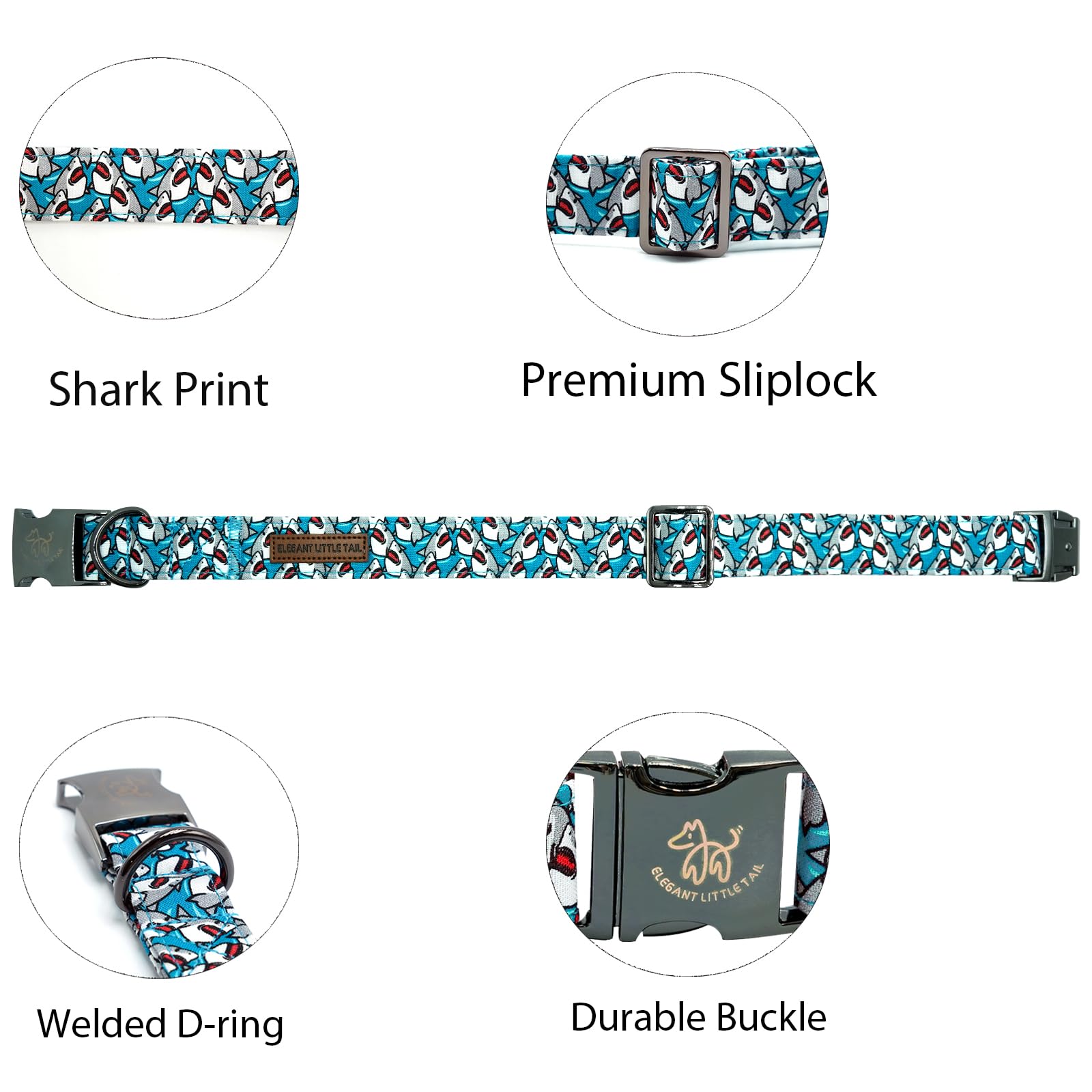 Elegant Little Tail Dog Collar, Pet Collar Summer Dog Collar Shark Print Pet Collar Dog Cotton Durable Boy Dog Collar Metal Buck