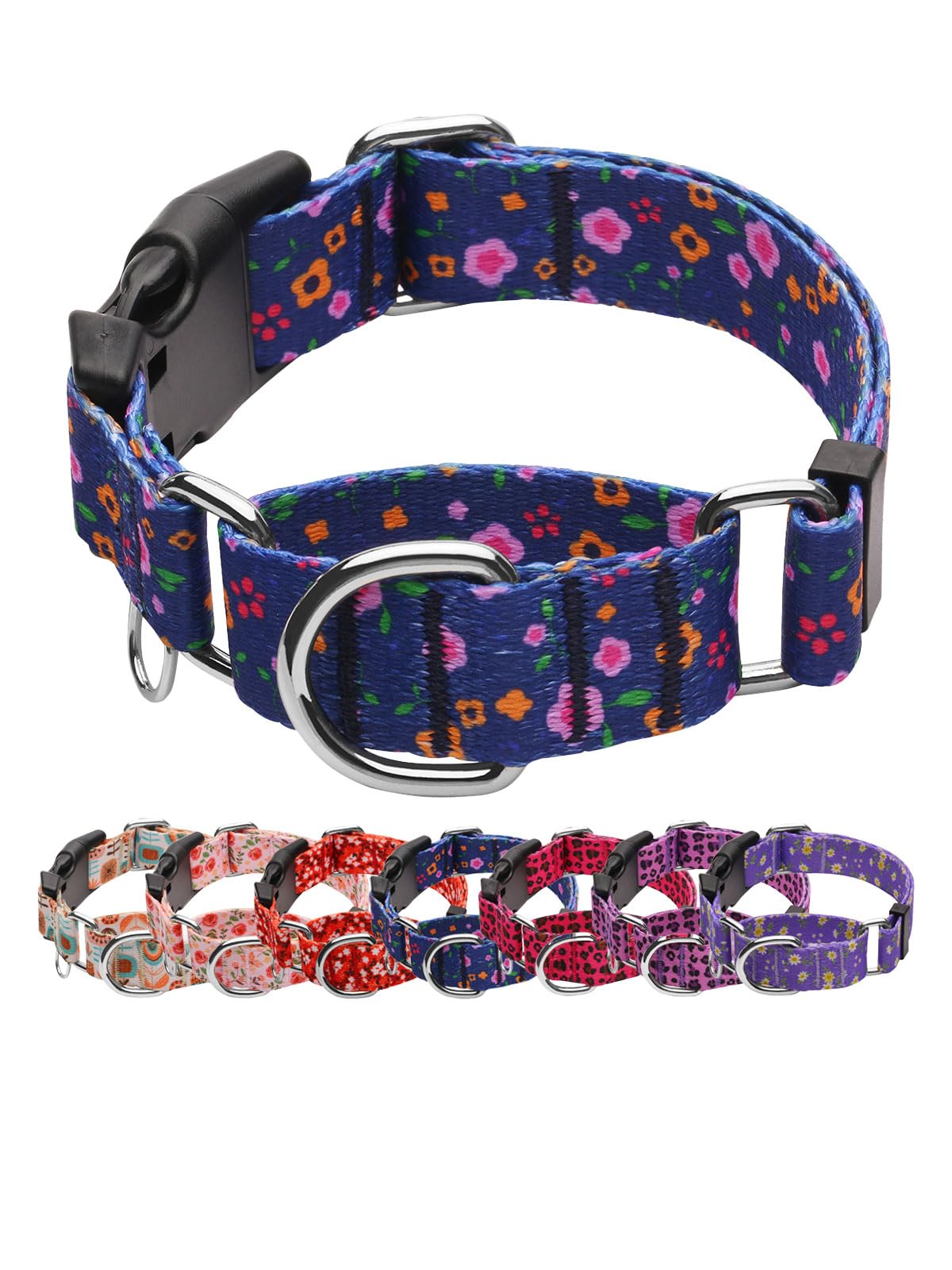 Joocpup Martingale Dog Collar With Tag Ring - Adjustable Soft Nylon No-Slip Design For Small, Medium & Large Dogs, Blue Flower M
