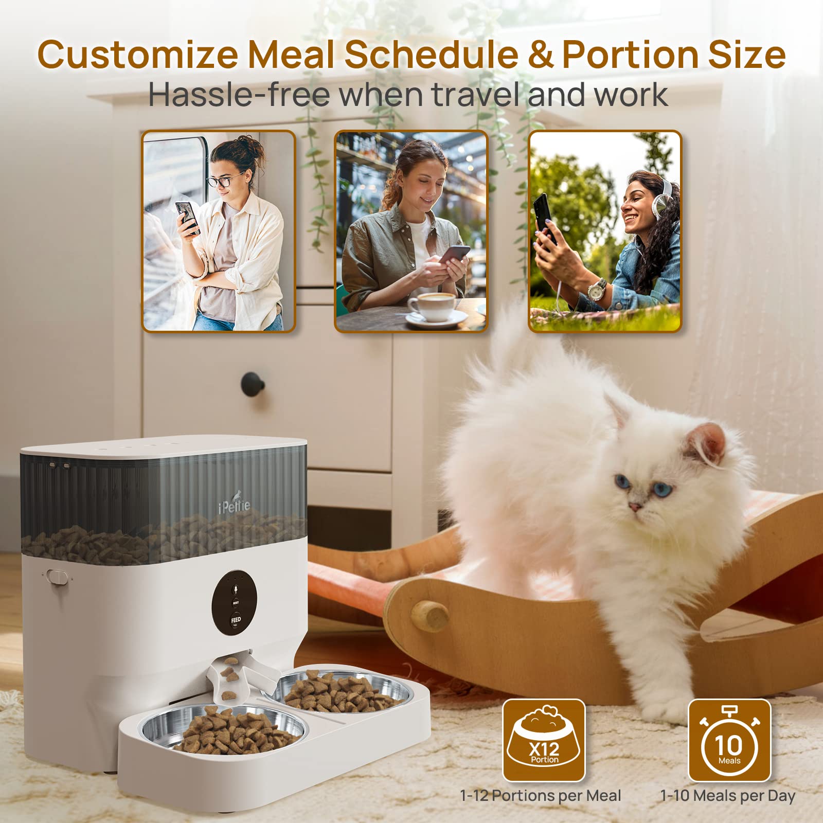 Ipettie Automatic Wifi Pet Feeder For 2 Pets, 5L/21 Cup Capacity, 1-10 Meals Per Day, Adjustable Bowl Height, Smart Dog Cat Feed