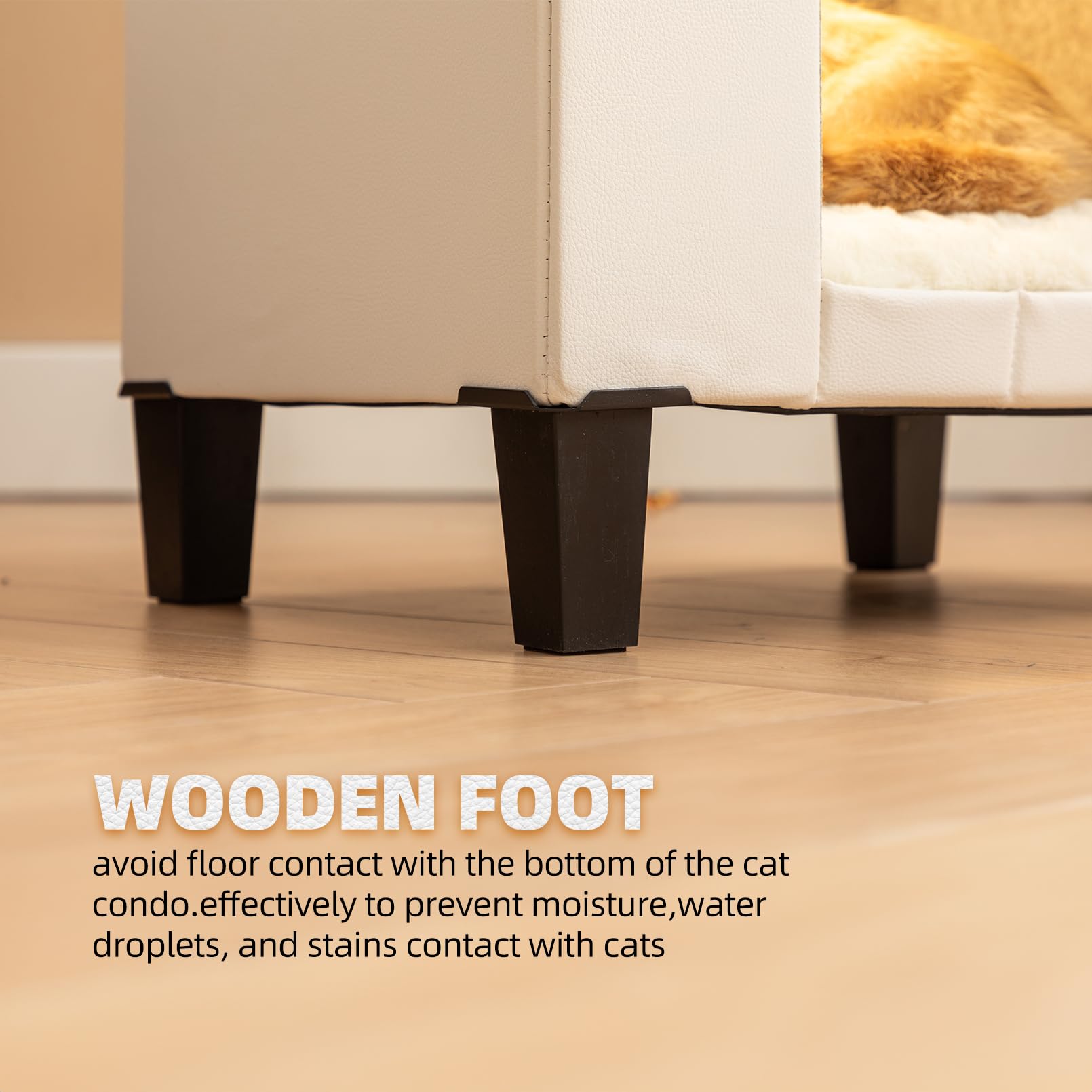 NUROMY Cat Condo & Hideaway Cave with Scratch Pad, Leather Cat Bed & Side Table, White