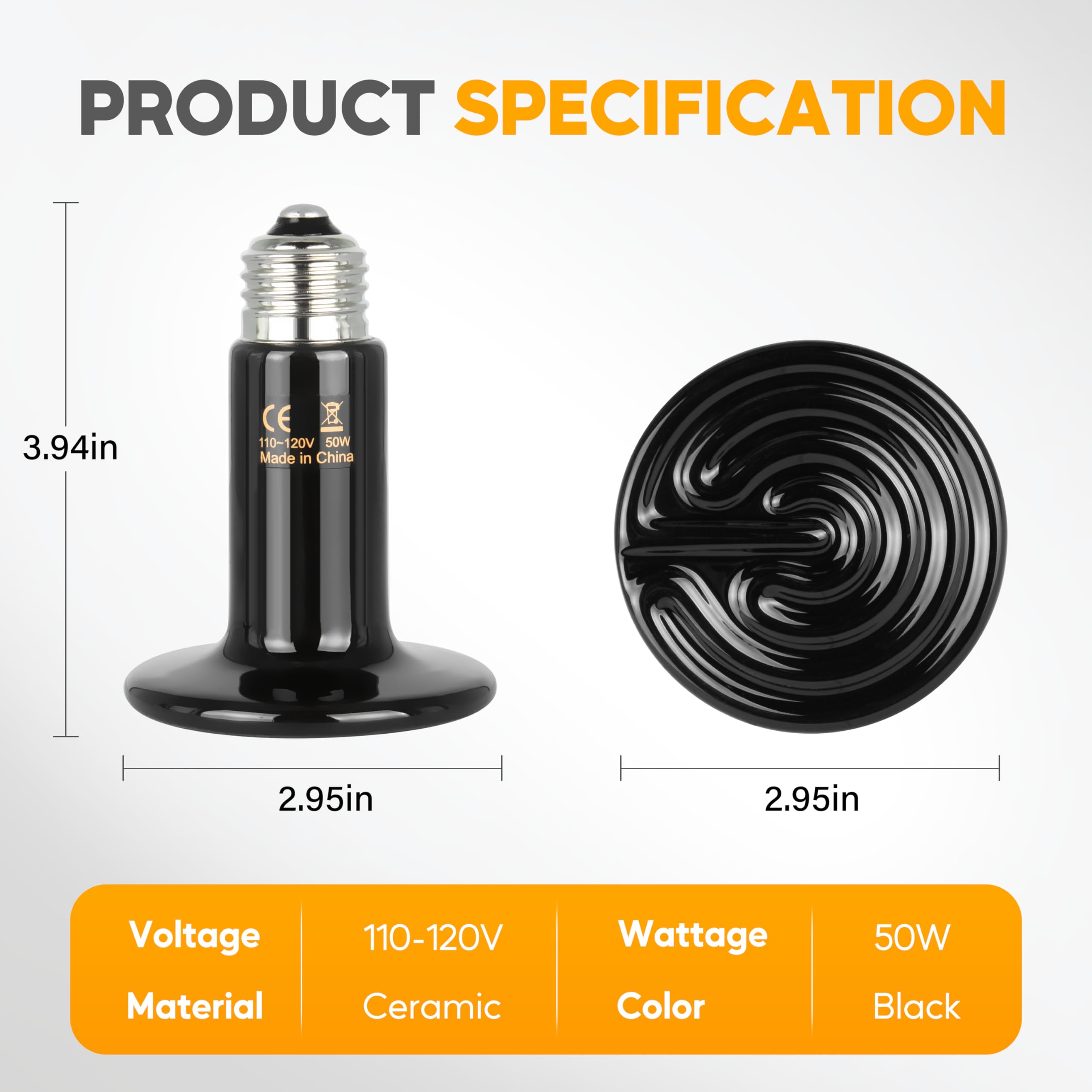 HealSmart 50W Reptile Heat Lamp Ceramic Heat Emitter, No Light Emitting Heat Bulbs, Suitable for Snake/Lizard/Spider, Plant Grow