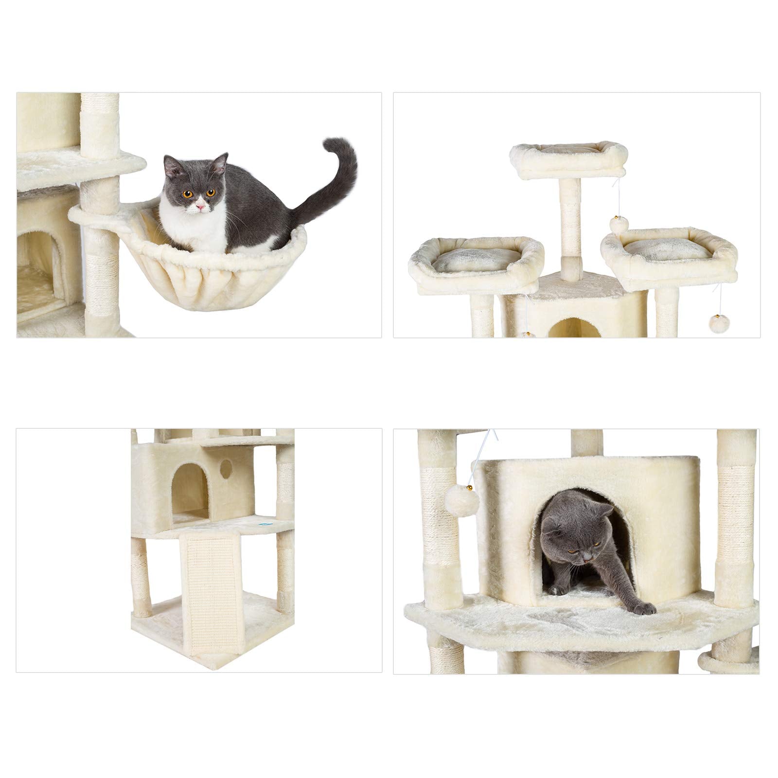 Hey-Brother Xl Size Cat Tree, 73.4 Inch Cat Tower With 3 Caves, 3 Cozy Perches, Scratching Posts, Board, Activity Center Stable For Kitten/Big Cat, Beige Mpj032M