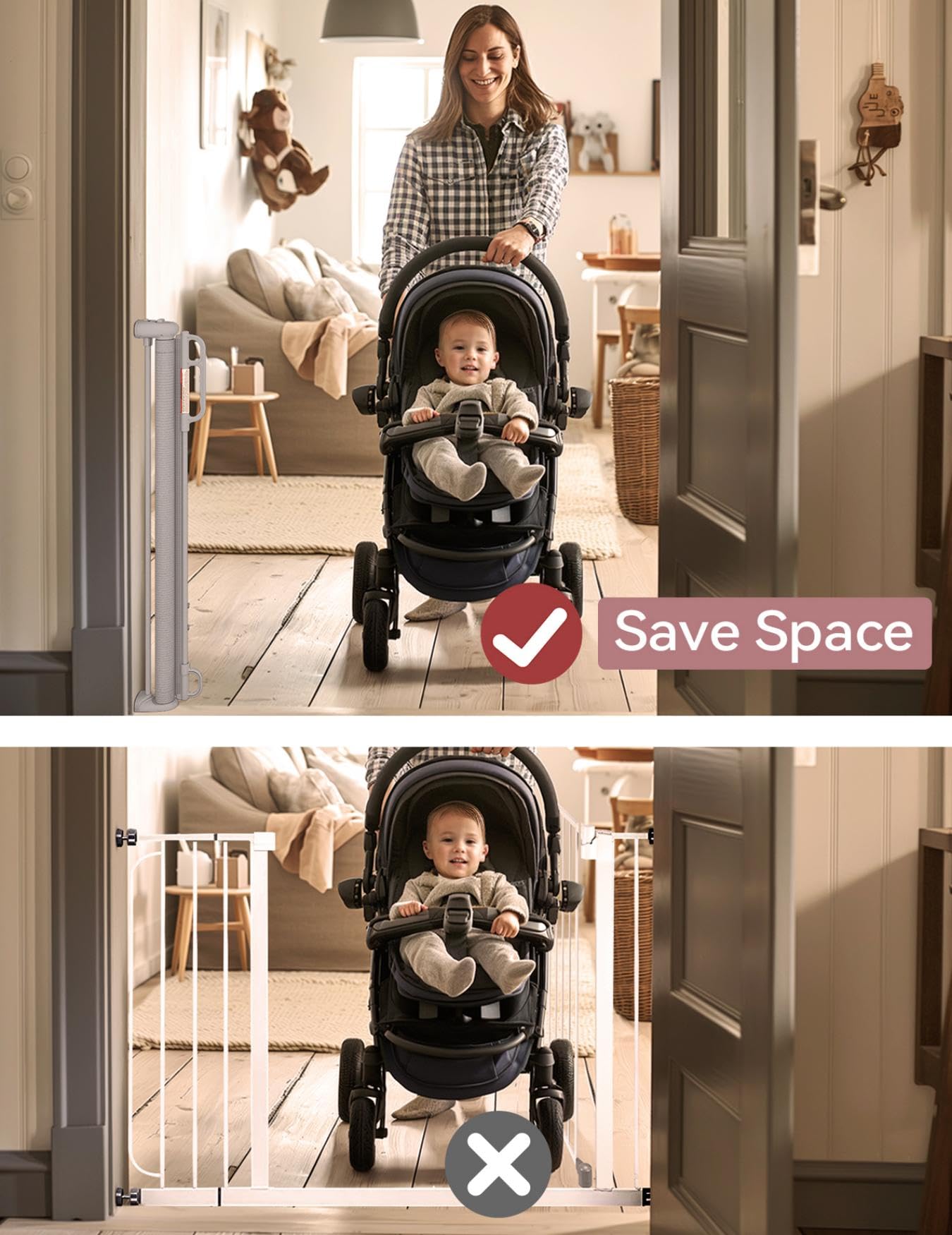 Momcozy Retractable Baby Gate, 33 Tall, Extends up to 55 Wide, Child Safety Baby Gates for Stairs, Doorways, Hallways, Indoor, O