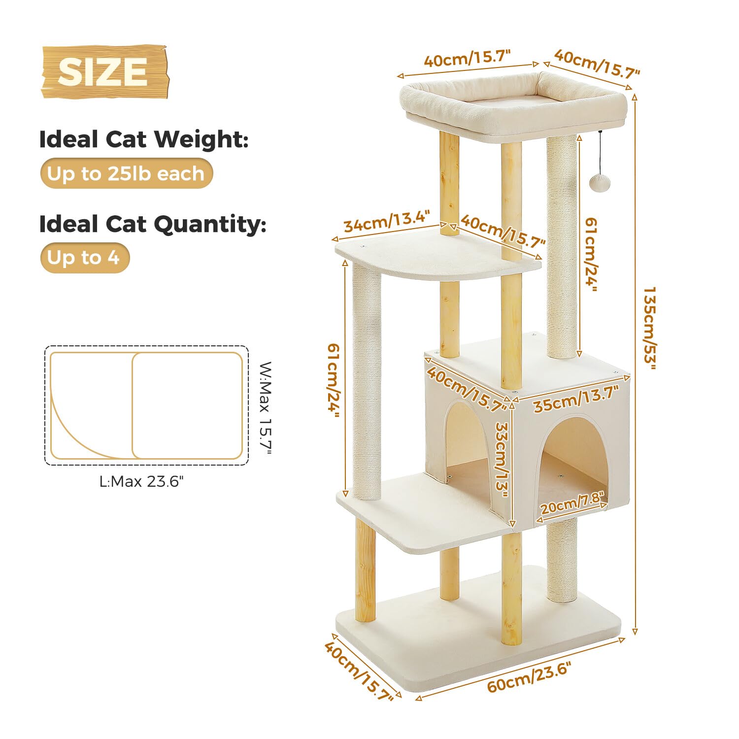 Pawz Road Large Cat Tree, 73 Inches Tall Wooden Cat Tower With 2 Spacious Hammocks,2 Big Top Beds,8 Fully Scratching Posts And N