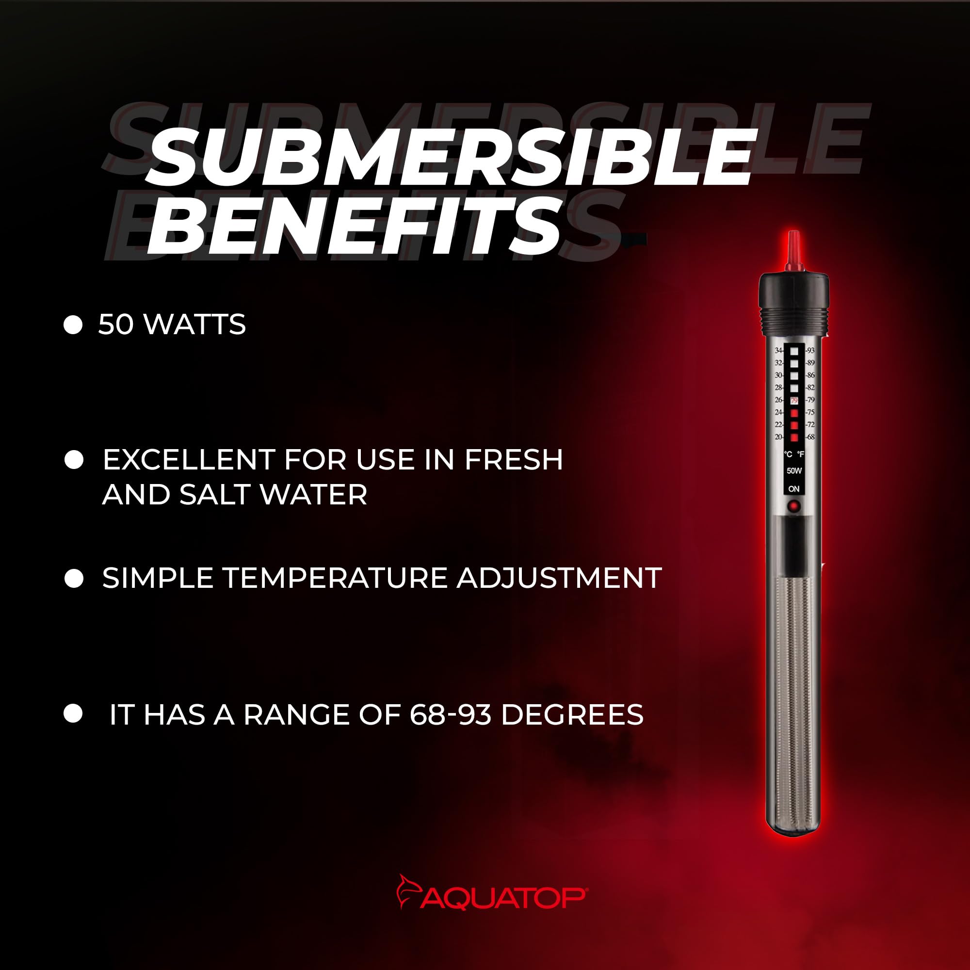 Aquatop 50W Aquarium Submersible Glass Heater – Adjustable Temperature 68-93°F – Fish Tanks Up To 13 Gal – For Freshwater & Saltwater Use – Gh-50