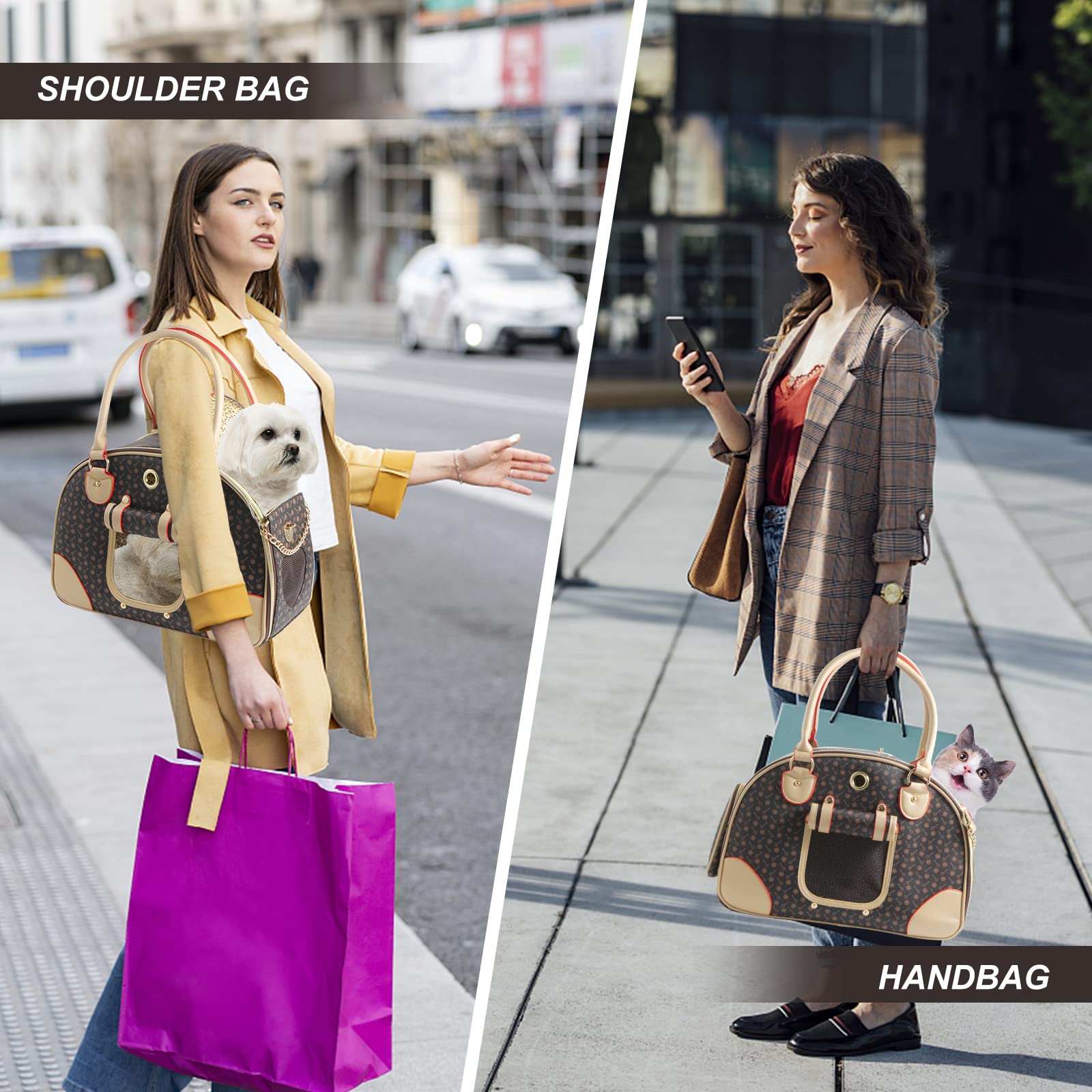 Betop House Fashion Dog Carrier Pu Leather Dog Handbag Dog Purse Cat Tote Bag Pet Cat Dog Hiking Bag, Brown, Large