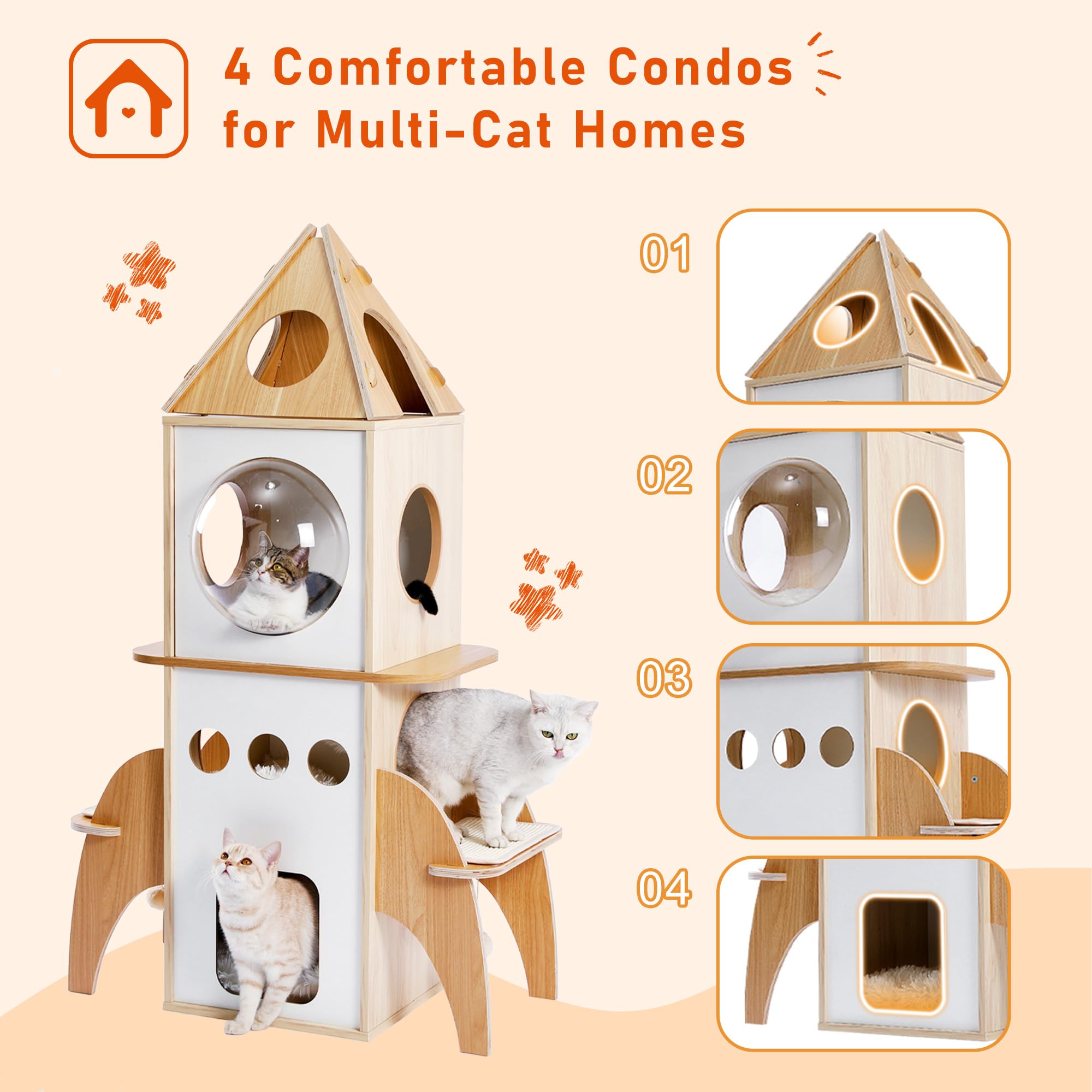 Muttros Modern Cat Tree Rocket Shape,54'' Wood Cat Tower Multilevel For Indoor Cats, Cat Furniture With 3 Condos, Dangling Balls