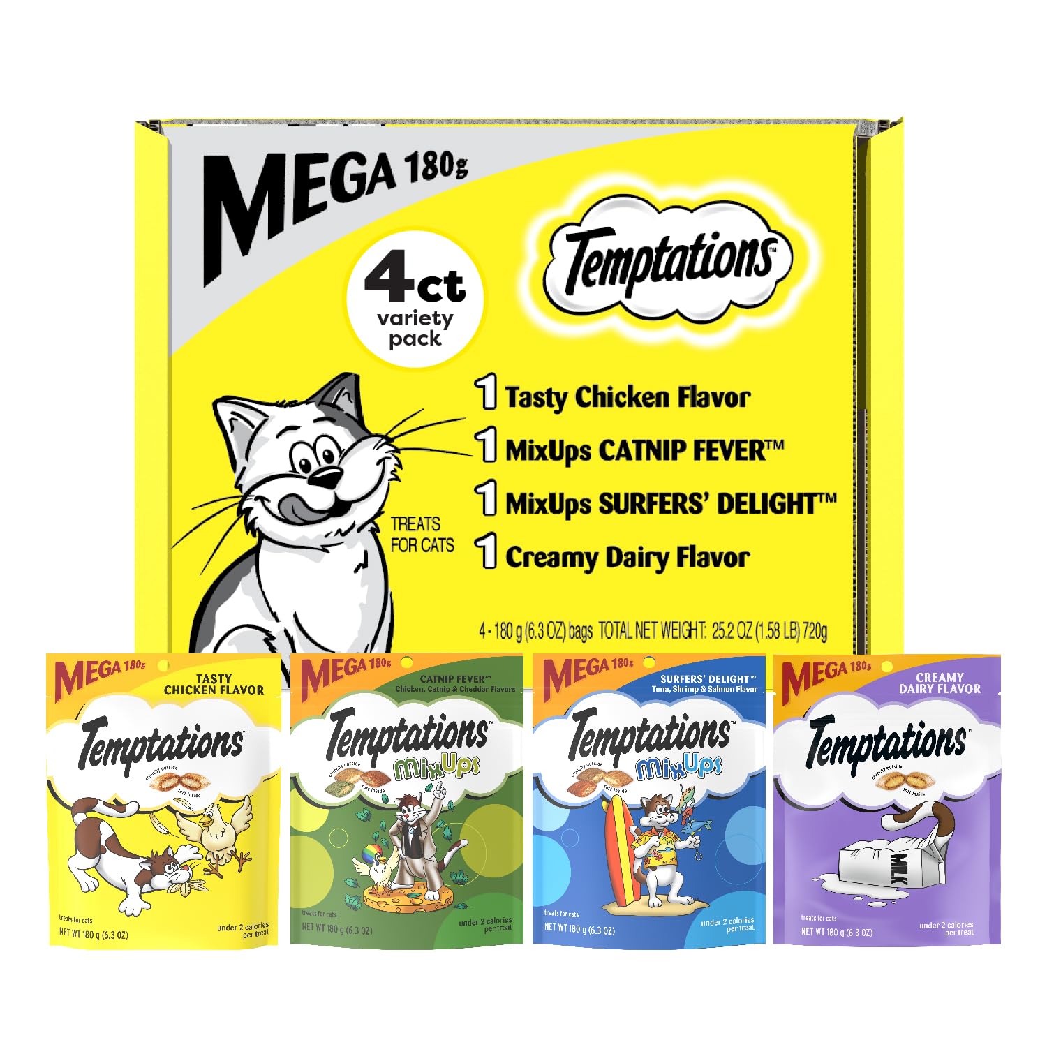 Temptations Classics and MixUps Crunchy and Soft Cat Treats Variety Mega Pack, (4) 6.3 oz. Pouches