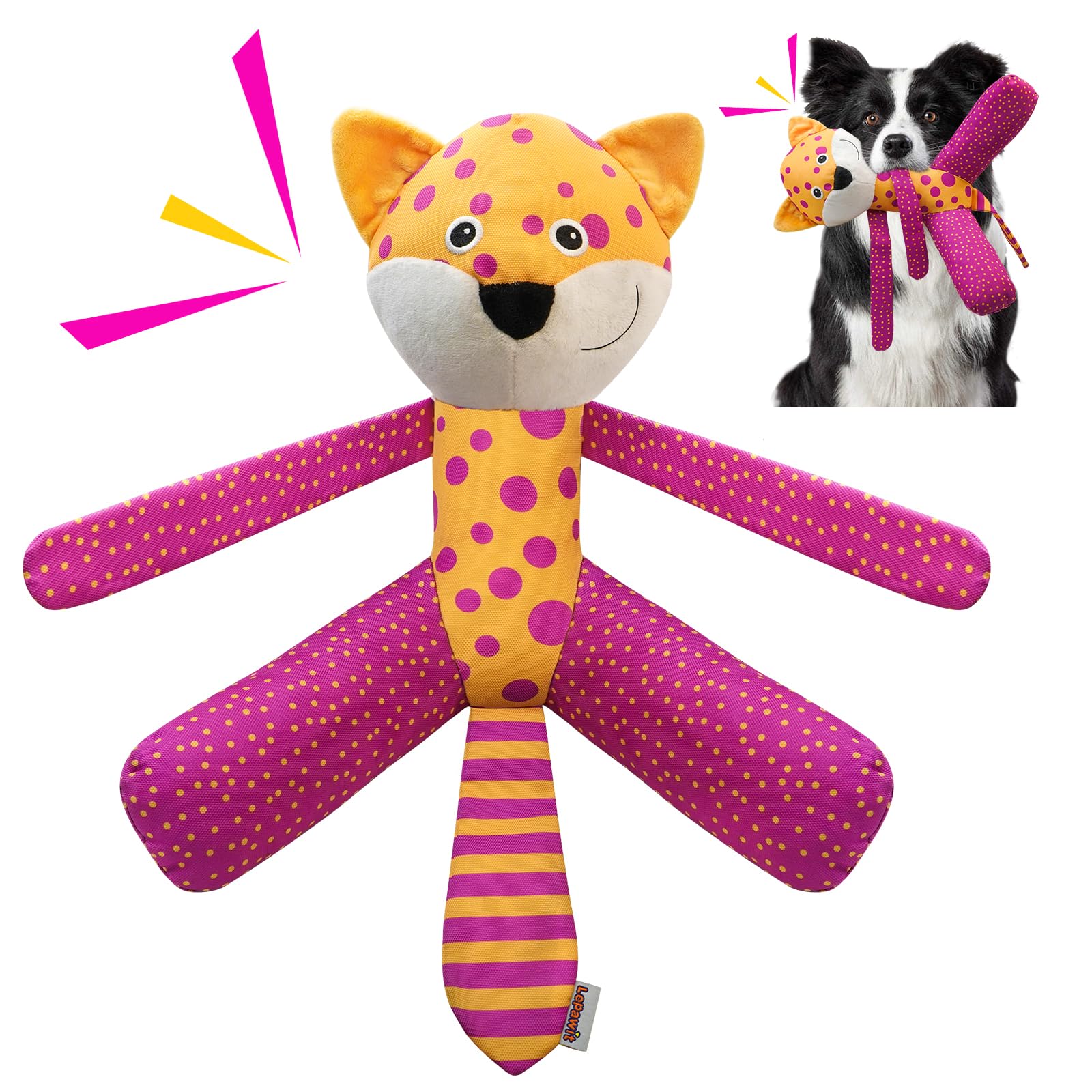Lepawit Squeaky Dog Toys, Canvas Fabric Sturdy Dog Toy Built-In Crinkle Paper, Cute Leopard Interactive Dog Toys For Small And M