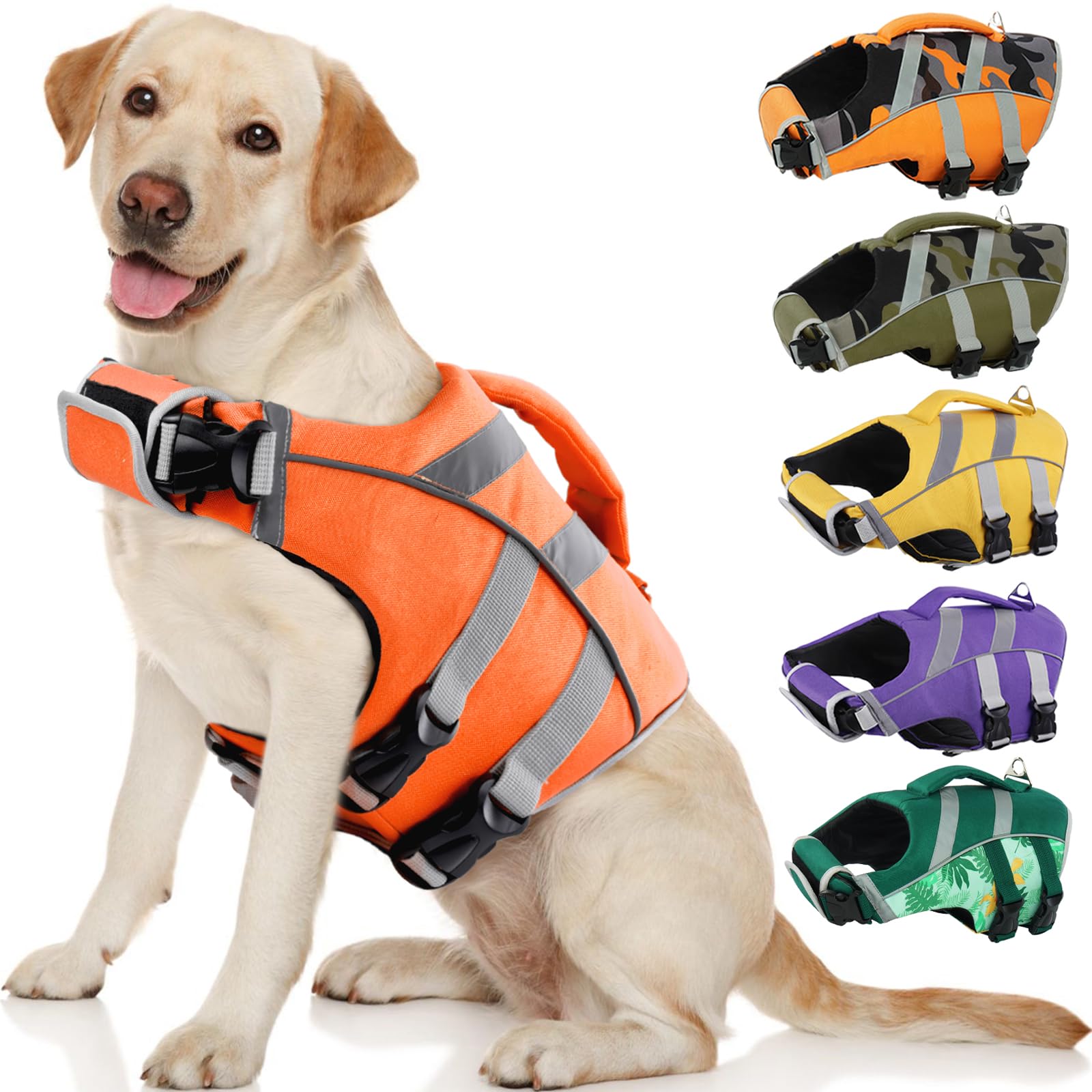 Kuoser Dog Life Jacket With Reflective Stripes, Adjustable High Visibility Dog Life Vest With High Flotation Swimsuit For Small Medium And Large Dogs