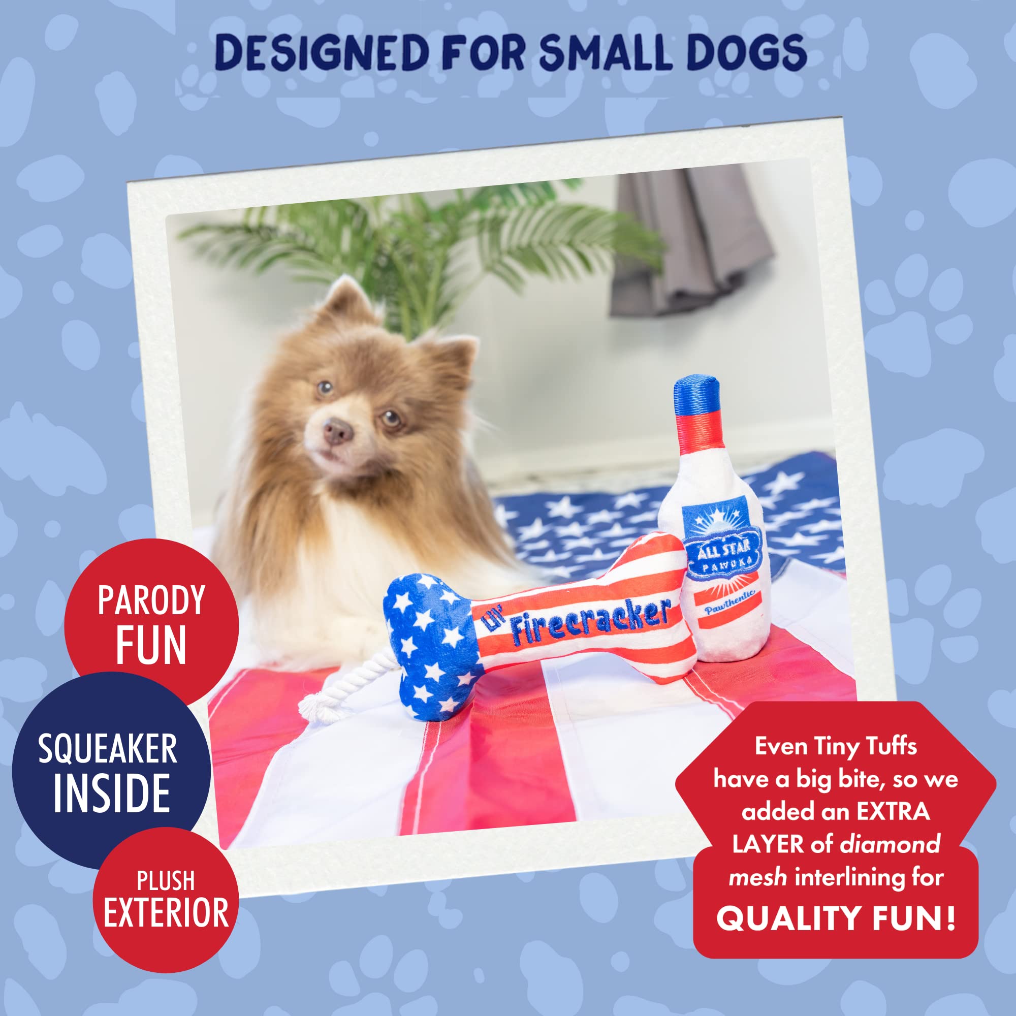 Huxley & Kent Tiny Tuff | Red, White, & Booze | Extra Tough Dog Toy For Small Dogs | 2-Pack Funny Dog Toy | Features Squeaker, C