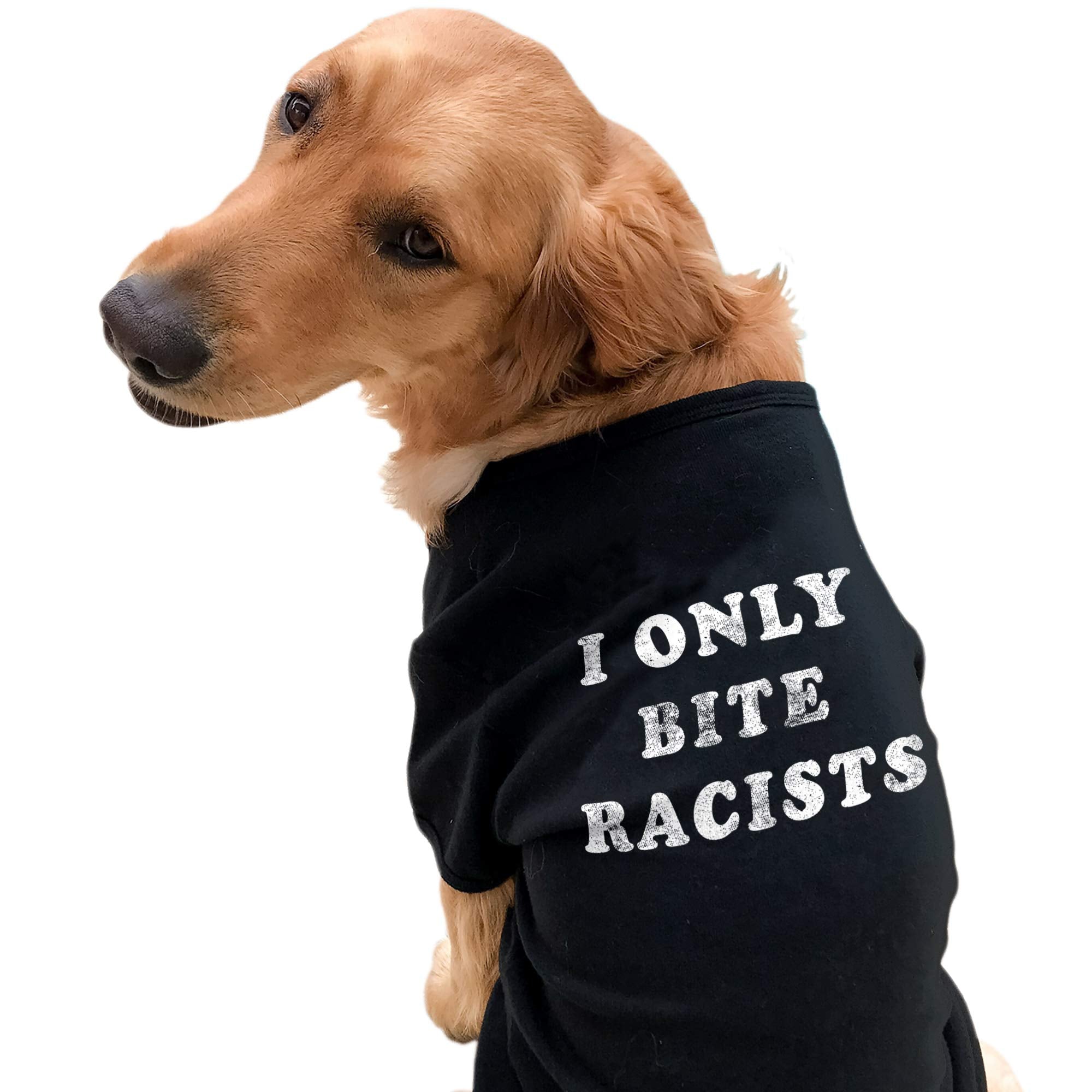 Funny Racist Dog Shirt - I Only Bite Racists Graphic Tee - Soft Cotton Clothes For Small To Extra Large Dogs - Political Pet App