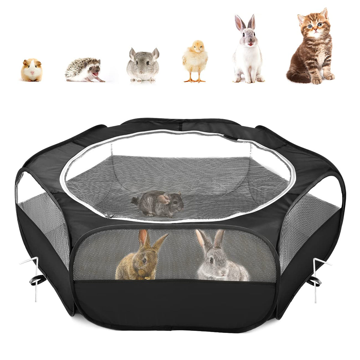 Pawaboo Small Animals Playpen, Waterproof Small Pet Cage Tent With Zippered Cover, Portable Outdoor Yard Fence With 3 Metal Rod For Kitten/Puppy/Guinea Pig/Rabbits/Hamster/Chinchillas, Black