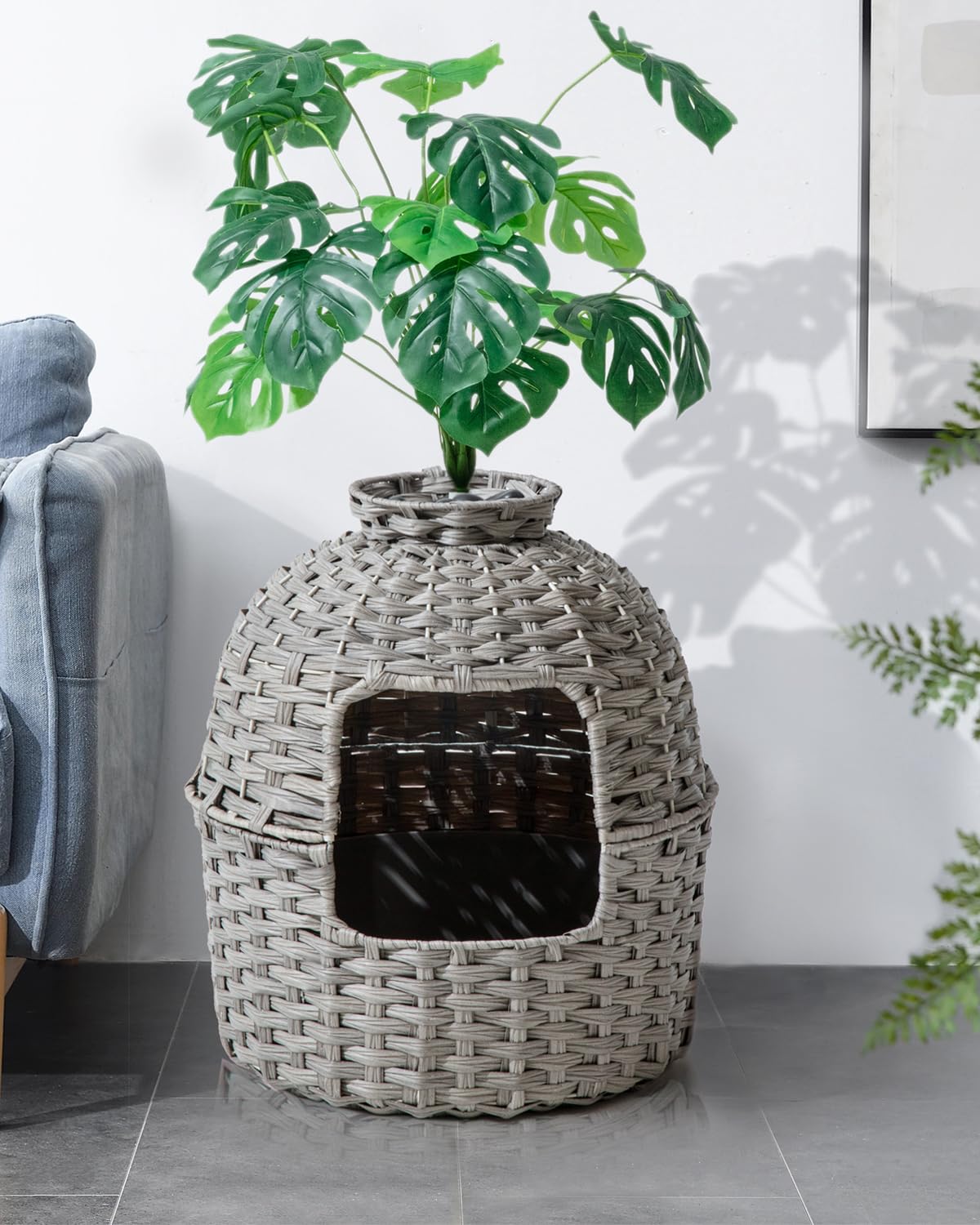 Setvson Cat Litter Box Plant Furniture Hidden Cat Litter Box With Artificial Plants, Handwoven Rattan Cat Litter Box Enclosure W