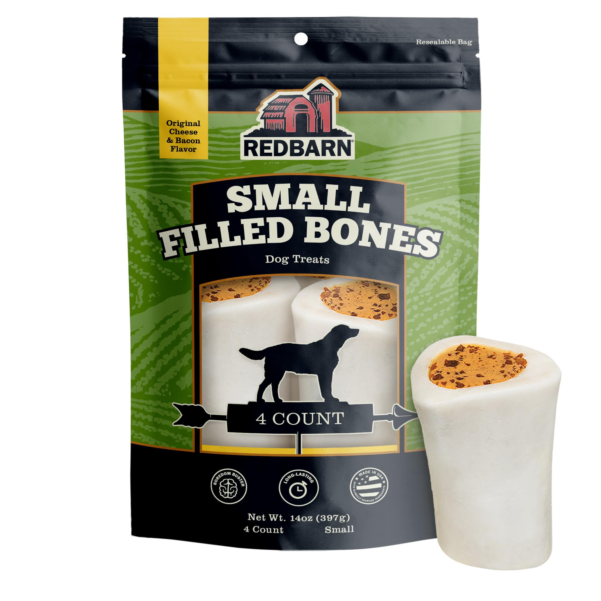 Redbarn Pet Products Small Filled Dog Bones, Cheese & Bacon Flavor - Long Lasting Stuffed Femur Chew Treat Made in USA - 4 Count