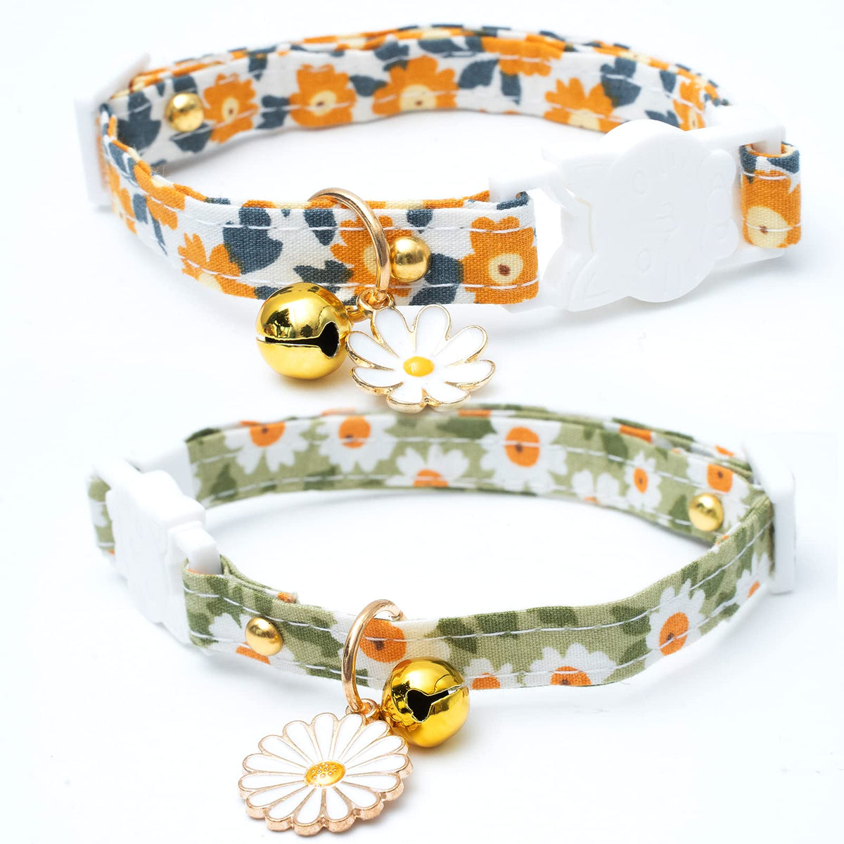 Faygarsle 2 Pack Cotton Breakaway Cat Collars With Bell Daisy Pendant Kitty Kitten Collars Green Orange Collar For Female Girl Cats Male Boy Cats