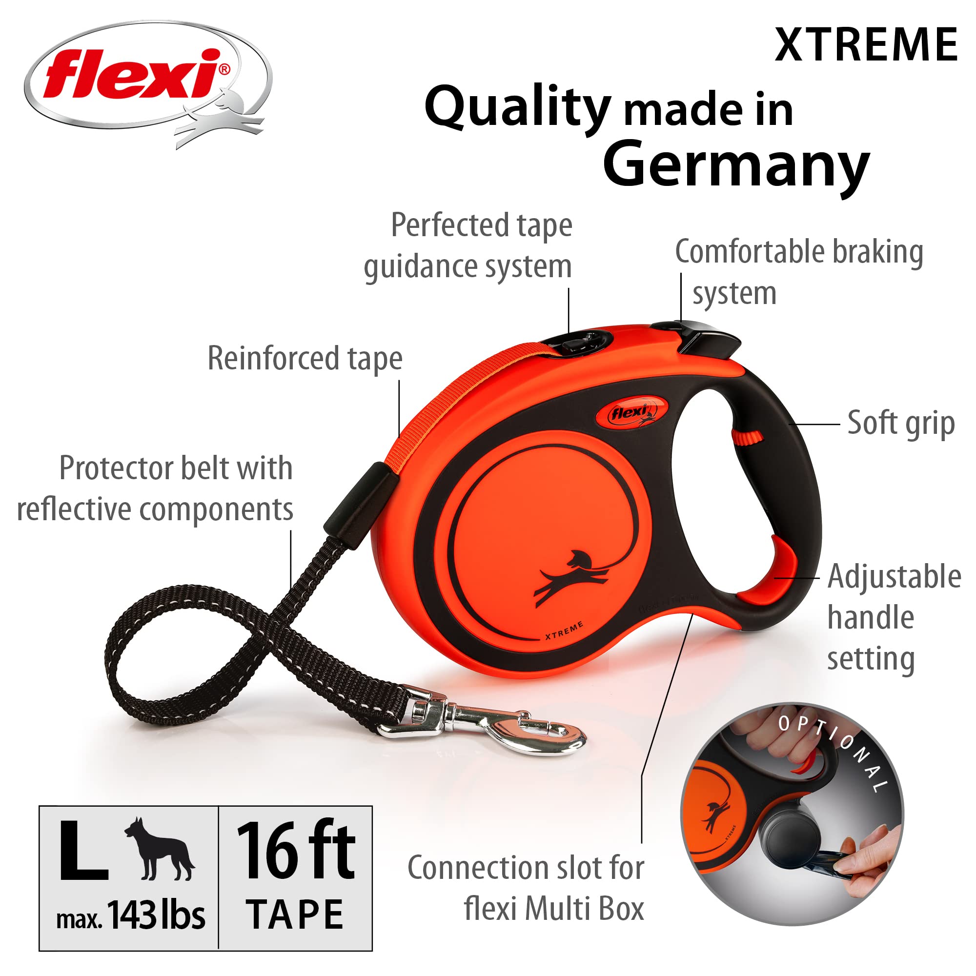 Flexi New Classic Tape Retractable Dog Leash For Large Dogs Upto 143 Lbs. - 16 Ft., Orange/Black |Tangle Free Pet Walking Leash