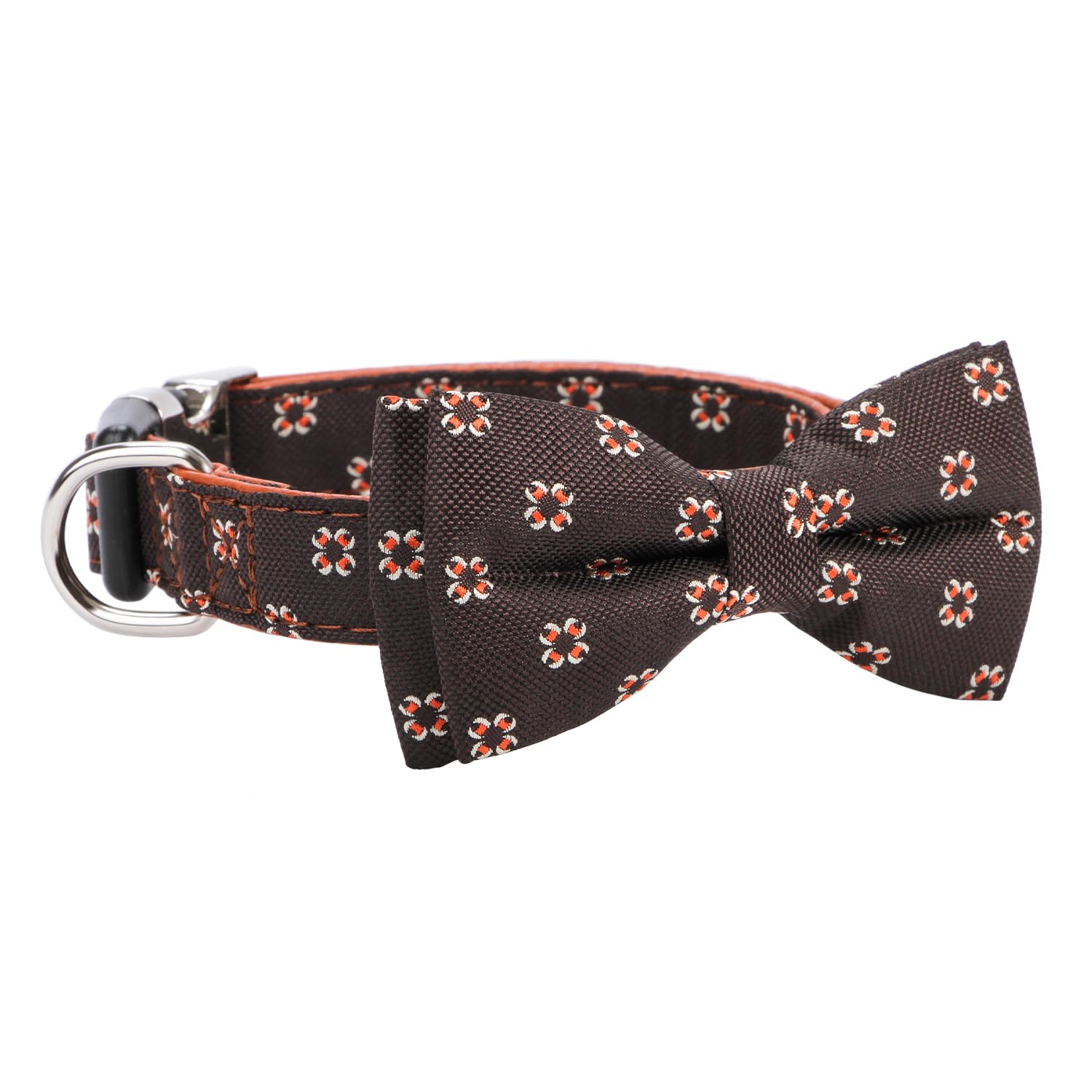 Rhea Rose Bowtie Dog Collar Flower Floral Pattern With Bow Tie Brown For Boy Girl Dogs Large