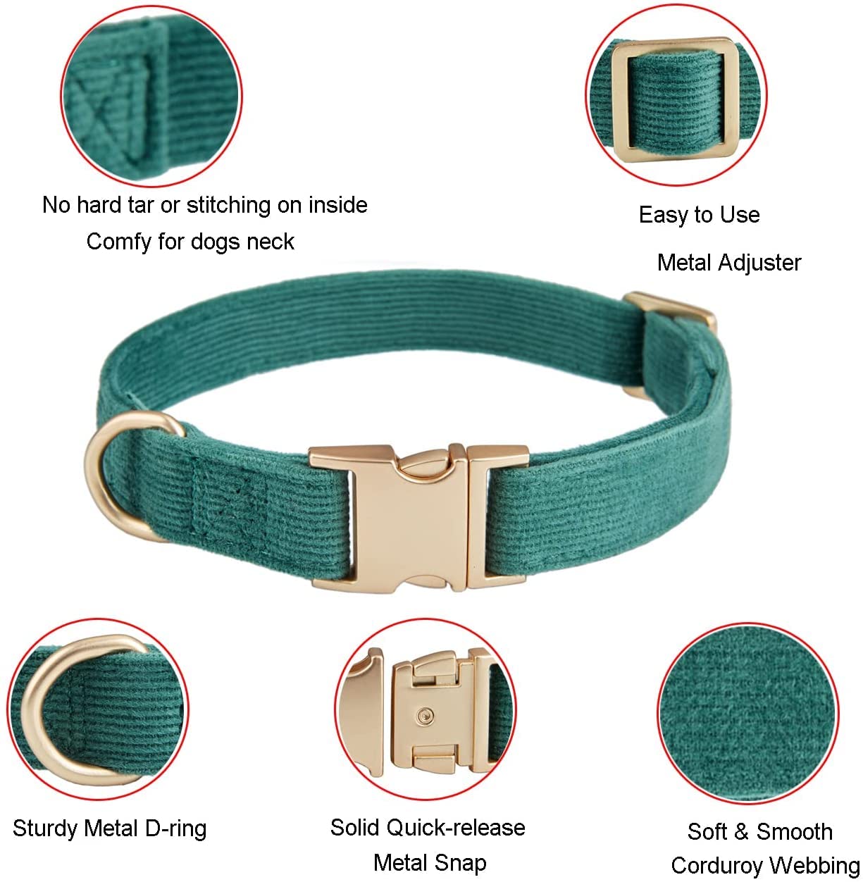Petiry Soft Corduroy Fibric Dog Collar with High Grade Metal Buckle, for Medium Dogs.(Green,Medium:12-19'')