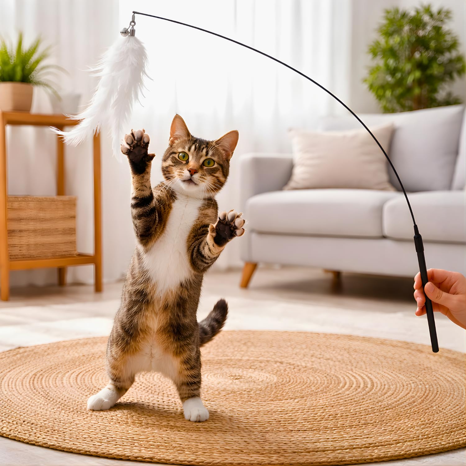 Vayinato Premium Cat Teaser Wand Toy With Natural Feather & Bell  Interactive Flexible Rod Stick For Indoor Cats, Kitten Play, 