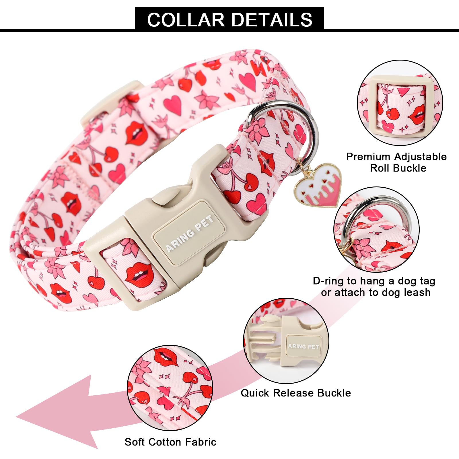 Aring Pet Valentine'S Day Dog Collar-Cute Pink Heart Dog Collars, Adjustable Valentine Lips Pet Collars Puppy Collar With Quick