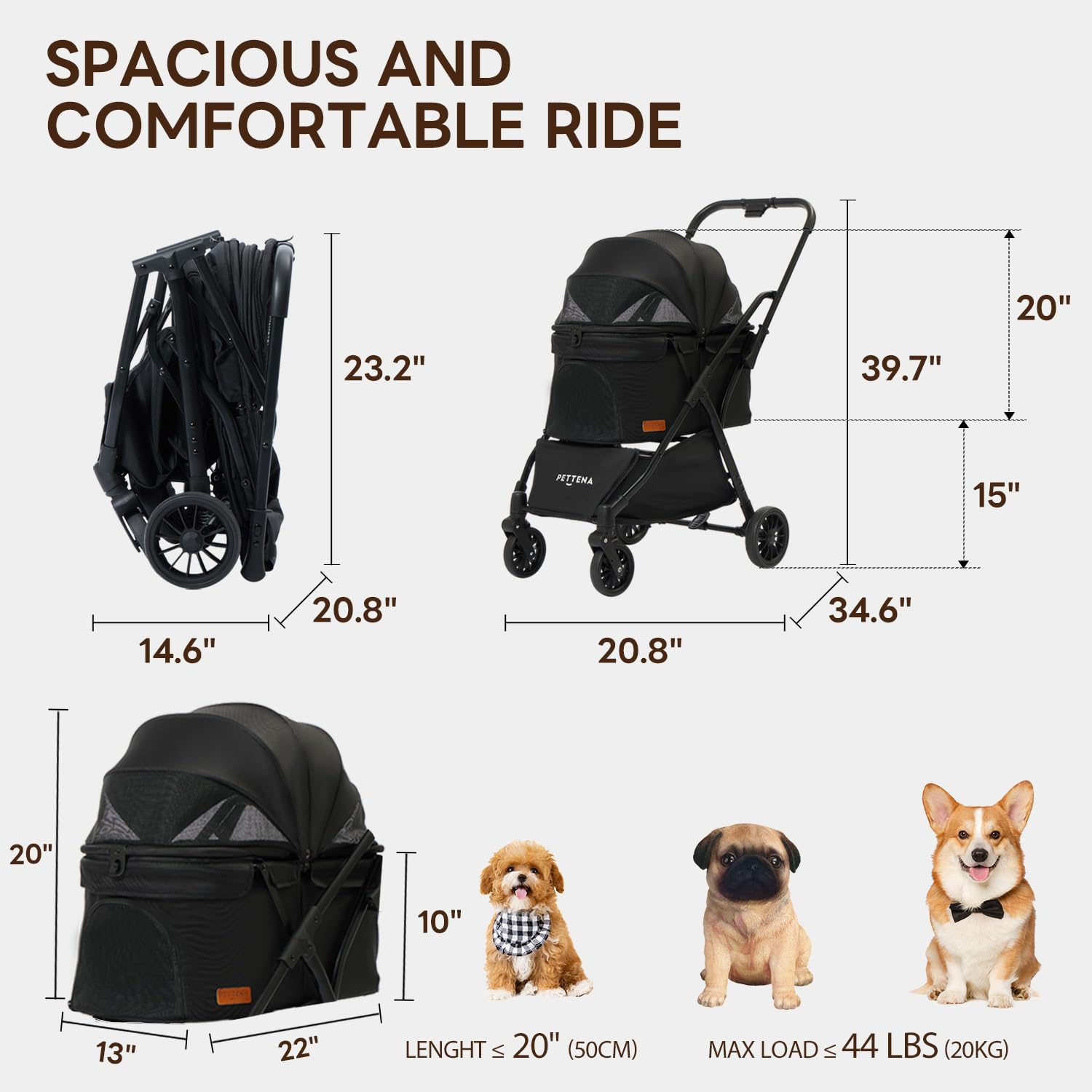 ?One-Pull Open Ver.? Pettena One-Touch Foldable Dog Stroller For Small Dogs Cats Up To 55 Lbs, Cat Stroller For 2 Cats, Large Sp