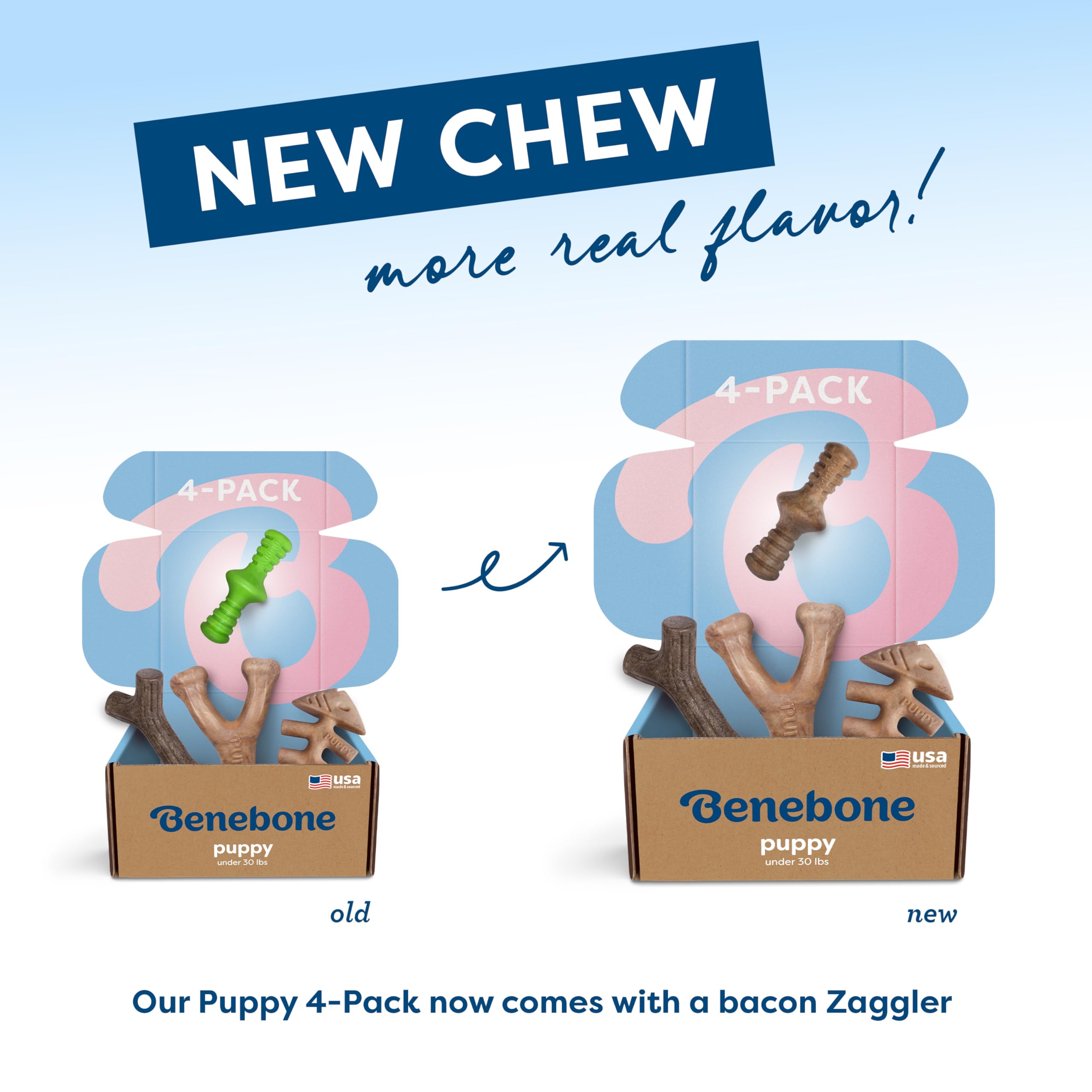 Benebone Puppy 4-Pack Chew Toys, Nylon & Real Bacon, for Dogs 30lbs & Under, Brown, Model 504080