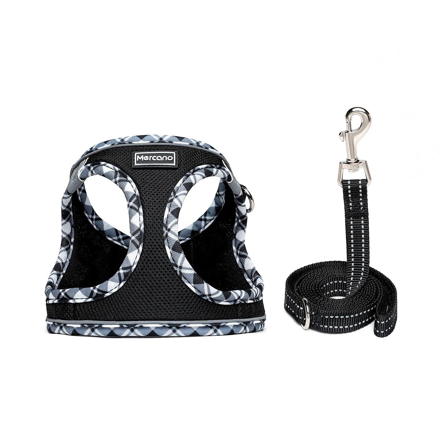 Mercano Soft Mesh Dog Harness & Leash Set, Reflective, Lightweight, Medium, Black White, Model MC001