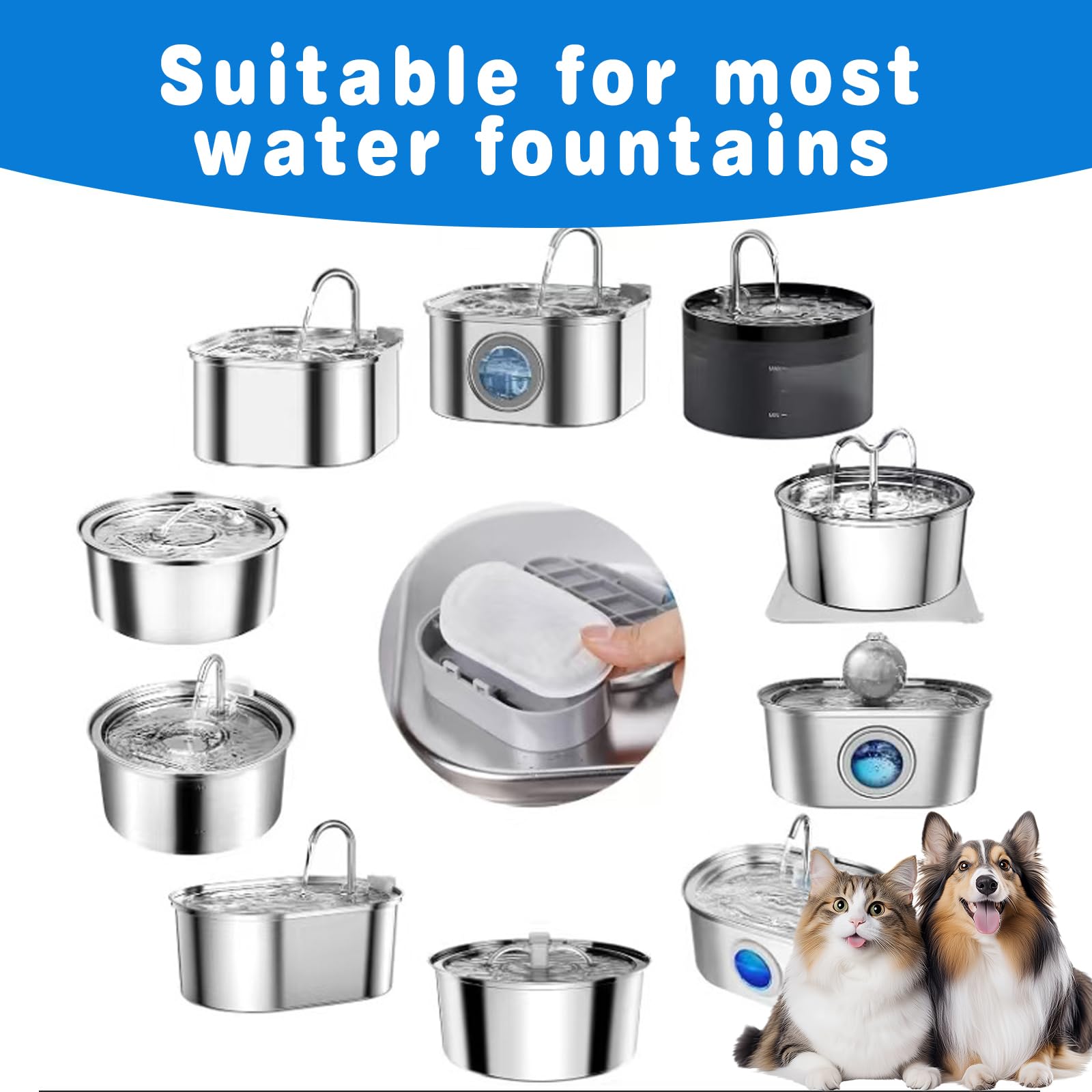 20Pack Cat Water Fountain Filters For Stainless Steel 108Oz/3.2L& 67Oz/2L, Cat Fountain Filters Replacement For Adjustable Water