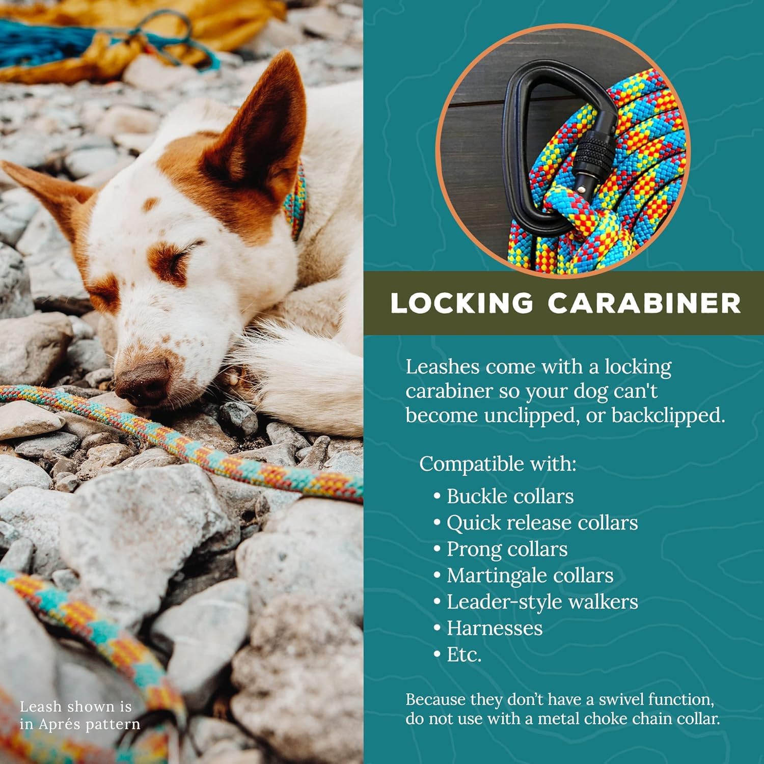 Wilderdog Carabiner Climbing Rope Dog Leash For Medium & Large Dogs - 5Ft - Apres