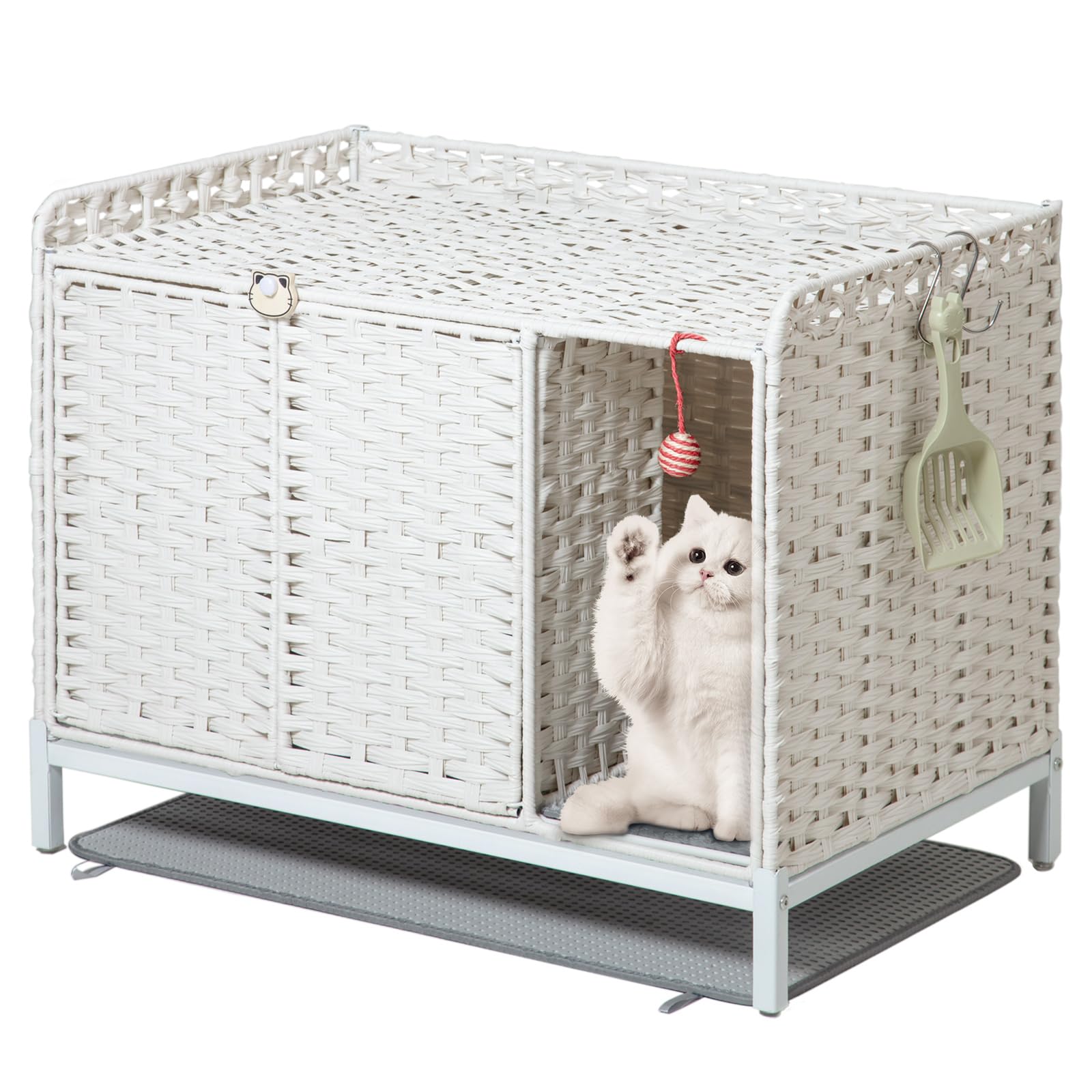 Setvson Cat Litter Box Enclosure Furniture - Hidden With Mat, 31.219.624.2 Inches Handwoven Rattan House End Table With Metal He