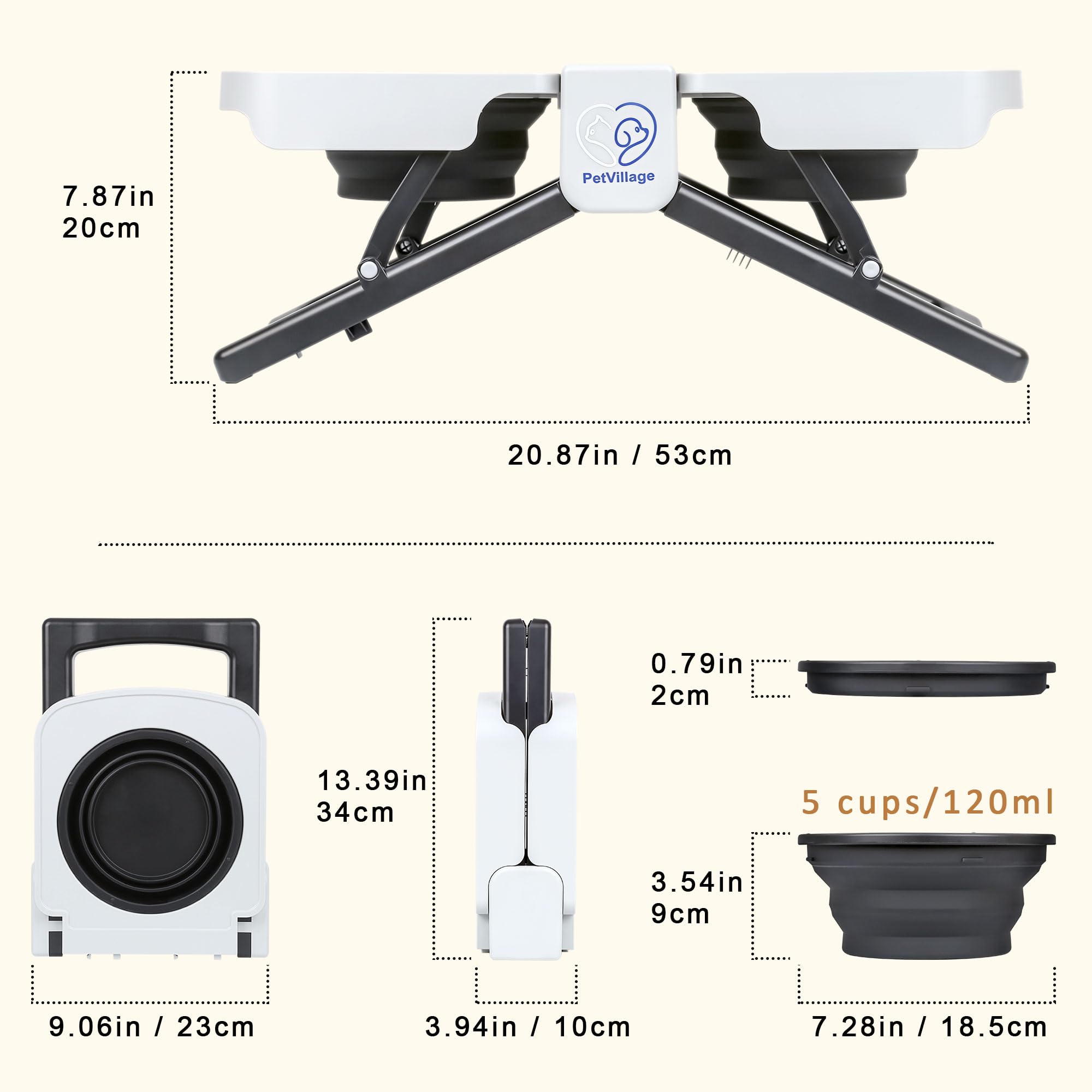 Portable Foldable Elevated Dog Bowls Stand With Dual Dishes, Compact Travel Pet Feeding Table For Dogs (5 Cups Capacity)-Lightwe