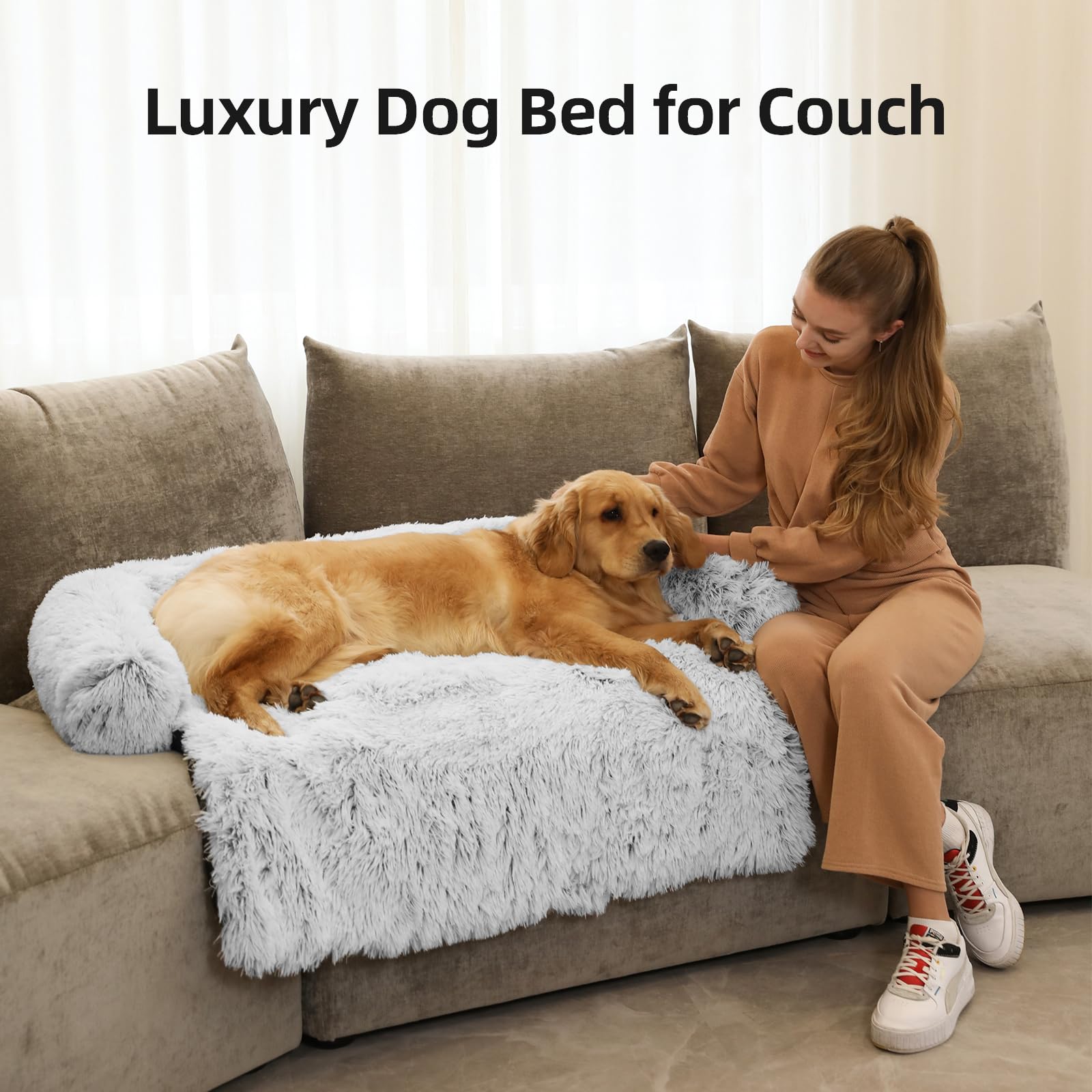 Calming Dog Bed Fluffy Plush Dog Mat For Furniture Protector With Removable Washable Cover For Large Medium Small Dogs And Cats (Extra Large (53X39.3X6), Light Grey)