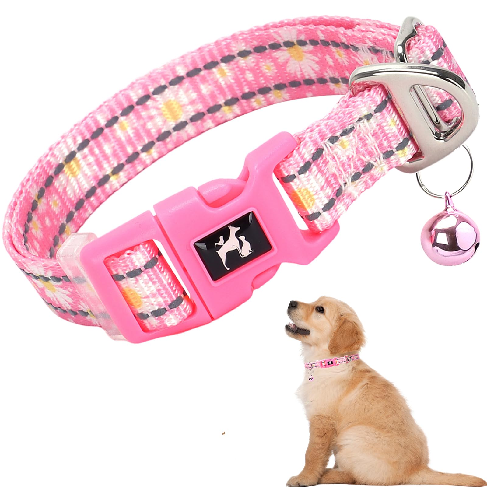 Puppy Collar With Bell - Cute Pink Daisy Design Reflective Nylon Dog Collar For Small Dogs, Adjustable & Durable For Puppies, Ni