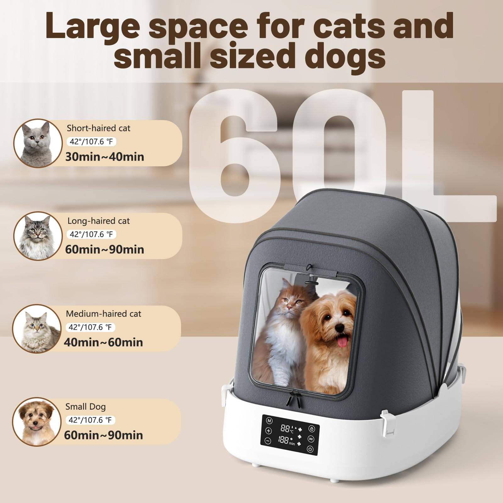 Automatic Pet Dryer Box, 60L Foldable, 360Quiet Airflow, Temperature/Time Control - Grooming Hair Blower For Dogs, Cats & Puppie
