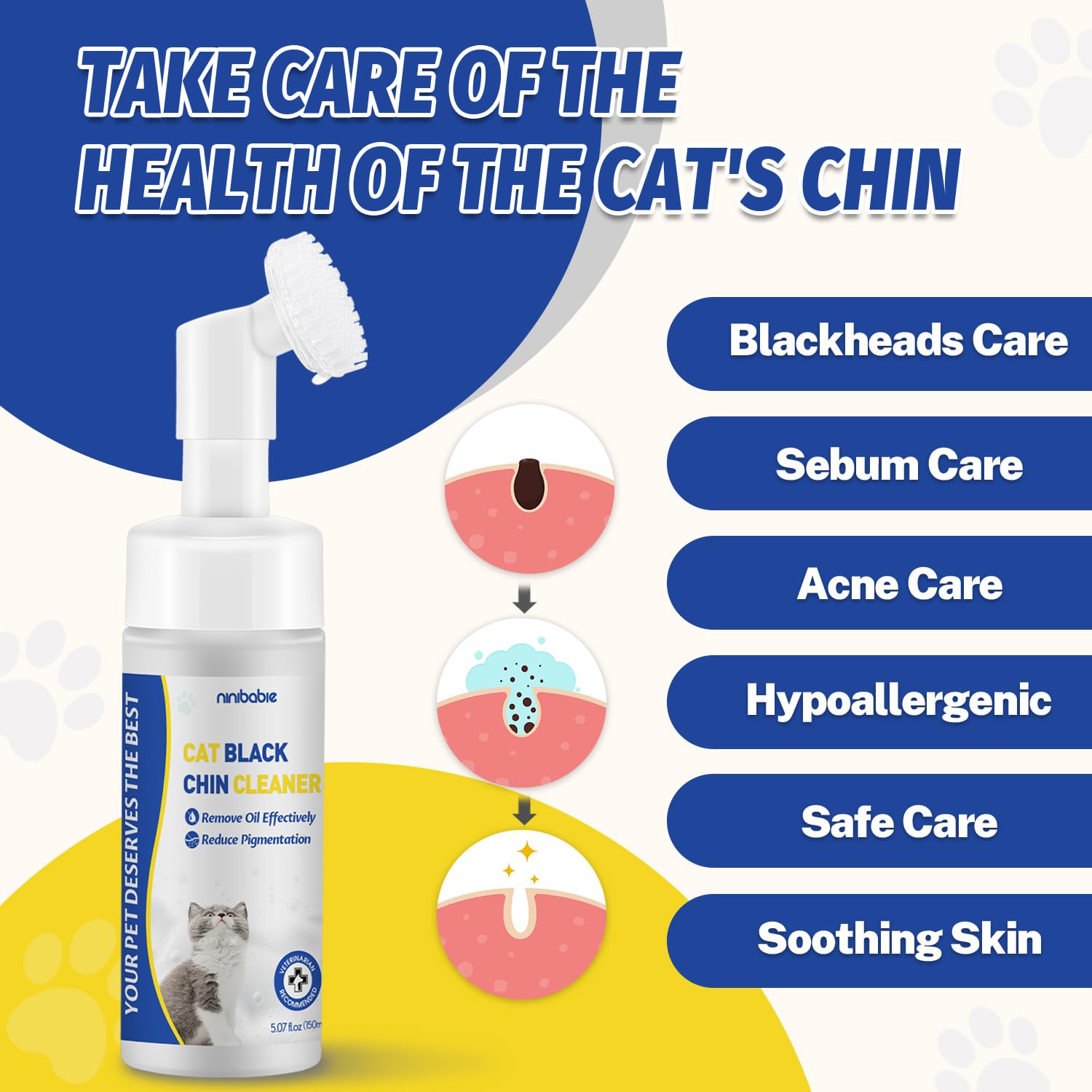 Ninibabie Cat Black Seed Cleaner,Remove Cat Chin Blackheads,Cat Acne Chin Treatment,2-In-1 Wash And Brush,Cruelty-Free And Fresh