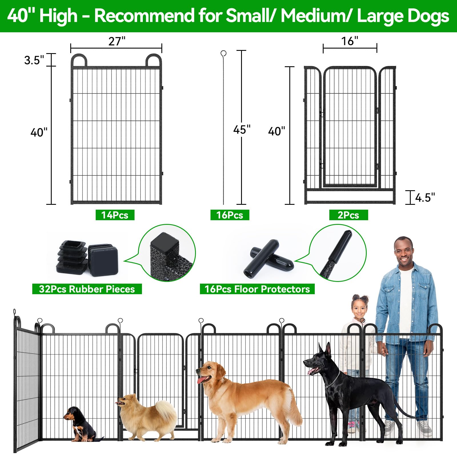 Dog Playpen Outdoor 16 Panels Heavy Duty Dog Fence 40'' Height Anti-Rust With Doors Portable For Rv Camping Yard, Total 36Ft, 10