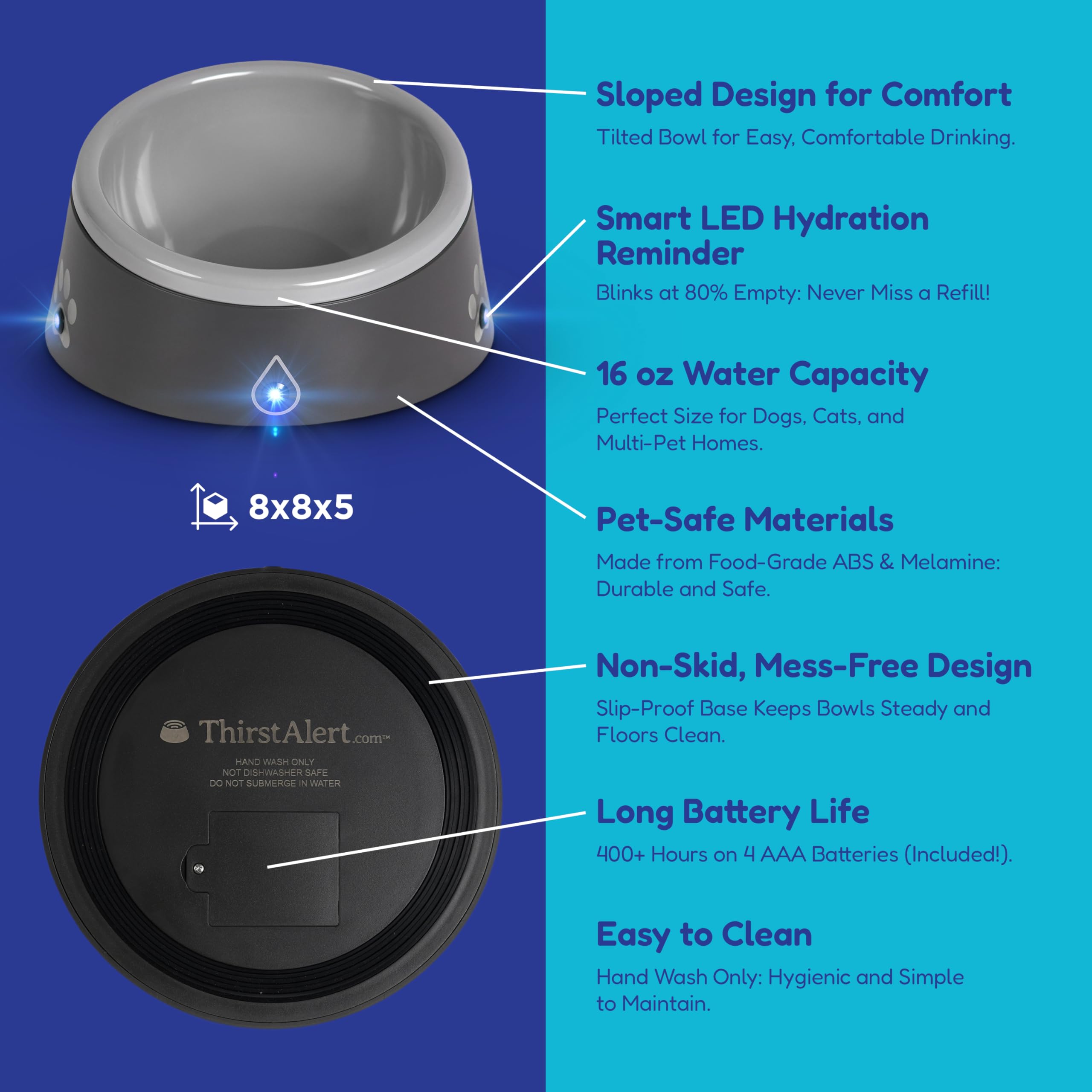 Thirstalert 16 Oz Dog/Cat Water Bowl, Led Lights Blink When Water Level Reaches Near To Empty, Food Grade Abs & Melamine