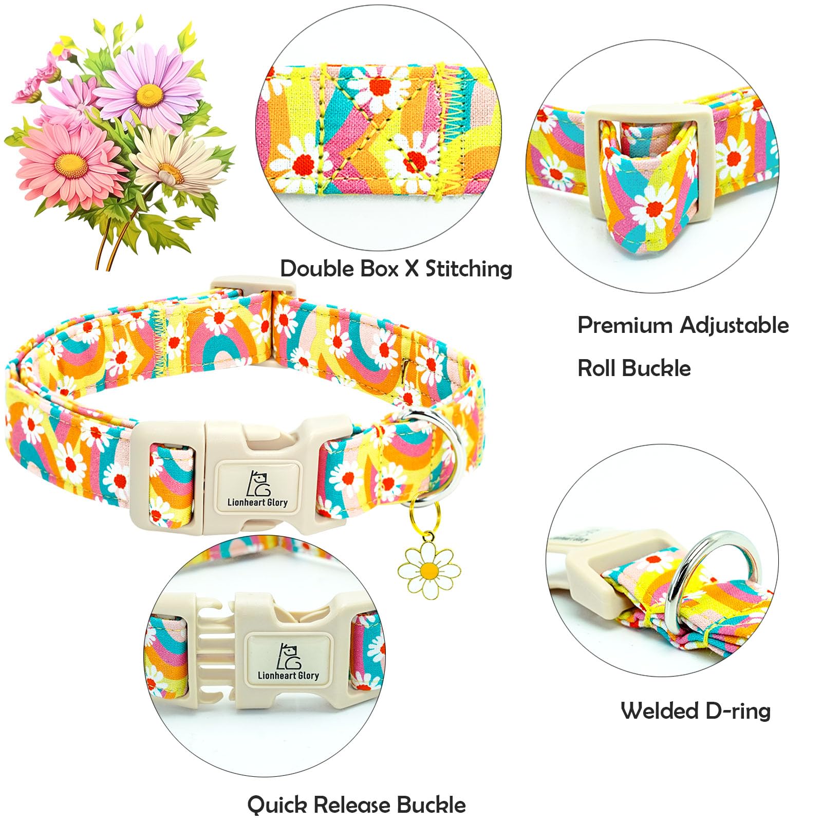Lionheart Glory Dog Collar-Sunflower Pattern Dog Collar Cute Colorful Dog Collars Heavy Duty Adjustable Collars For Medium Dogs