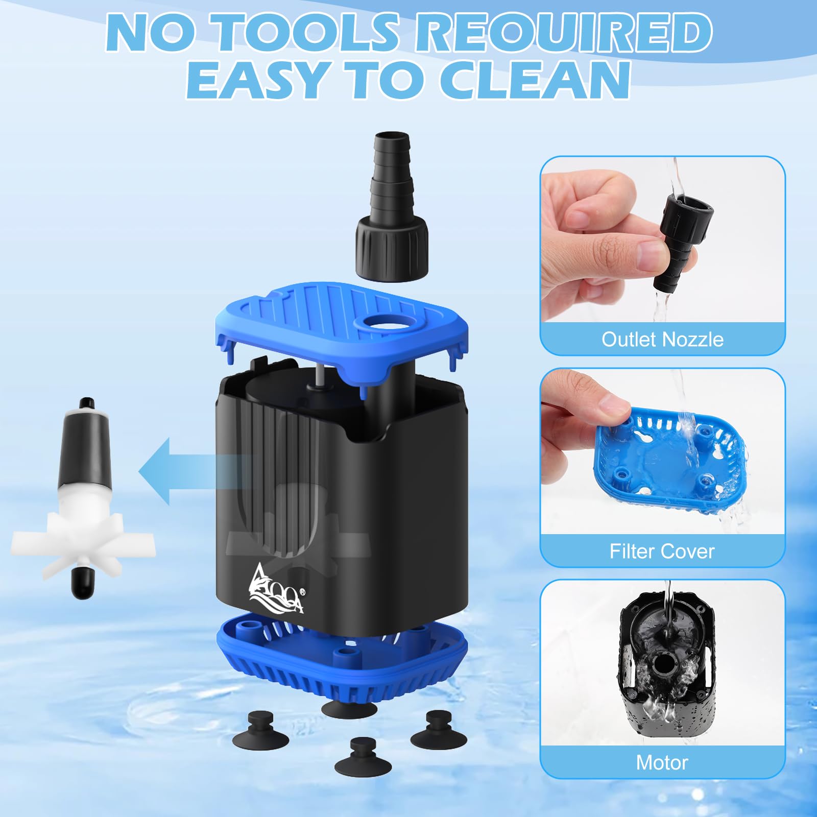 AQQA DC Aquarium Water Pump with Controller,4 Flow Adjustable,Feed Mode,IP68 Submersible Quiet Fish Tank Pump,3 Nozzles for Pond