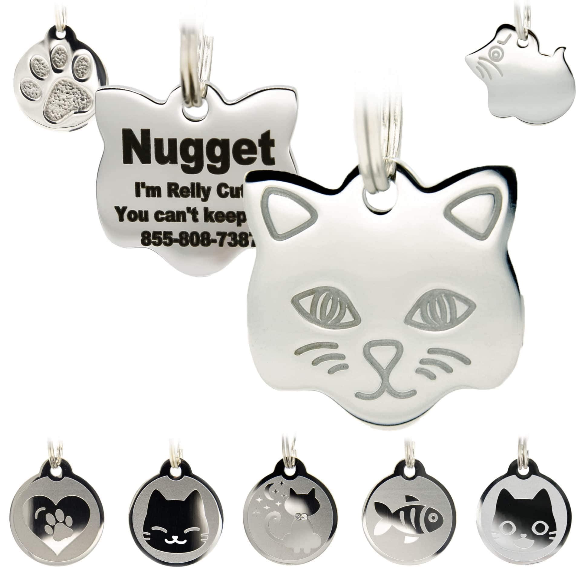 Stainless Steel Cat Id Tags - Engraved Personalized Tags With Up To 4 Lines Of Text, Cat Shape