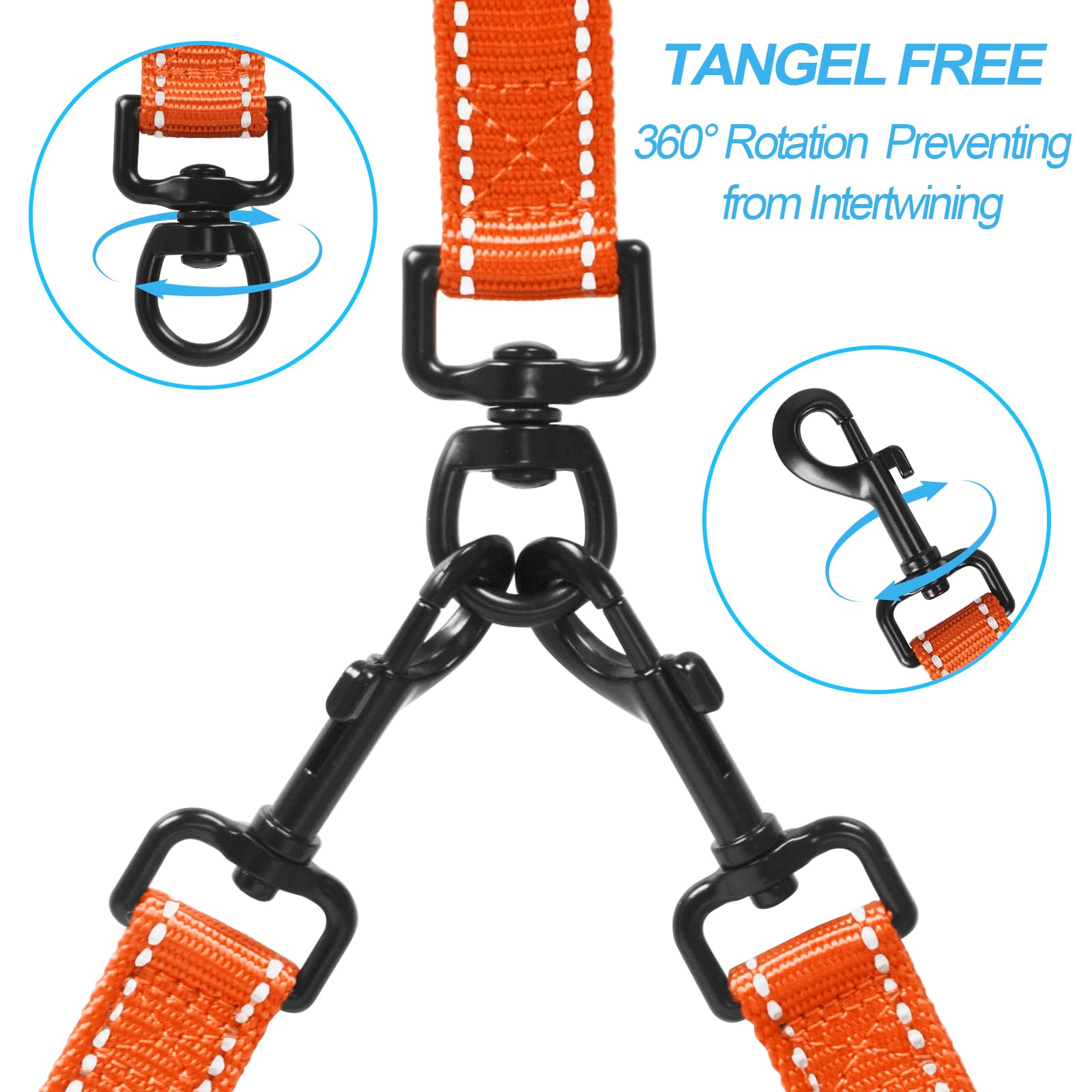 Petbonus Double Dog Leash, No Tangle Dual Dog Leash, Reflective Walking Training Leash, 4 Comfortable Padded Handles For 2 Dogs With Collapsible Bowl And Waste Bags (Orange, Large)